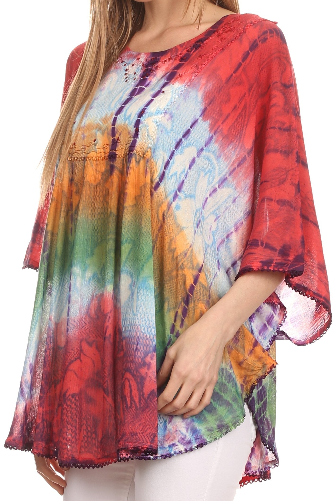 Sakkas Ellesa Ombre Tie Dye Circle Poncho Blouse Shirt Top With Sequin Embroidery - Concordia Style Boutique