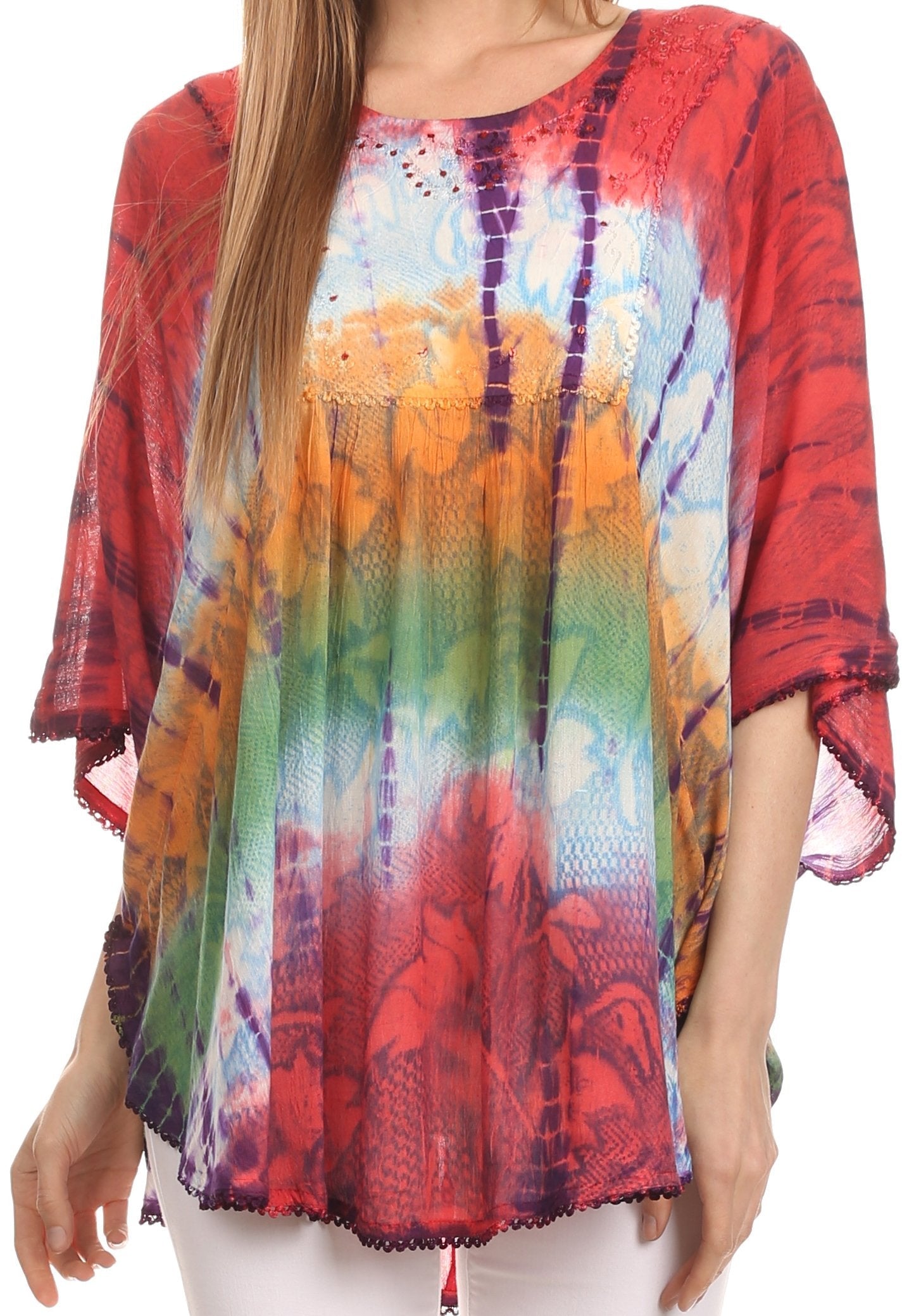 Sakkas Ellesa Ombre Tie Dye Circle Poncho Blouse Shirt Top With Sequin Embroidery - Concordia Style Boutique