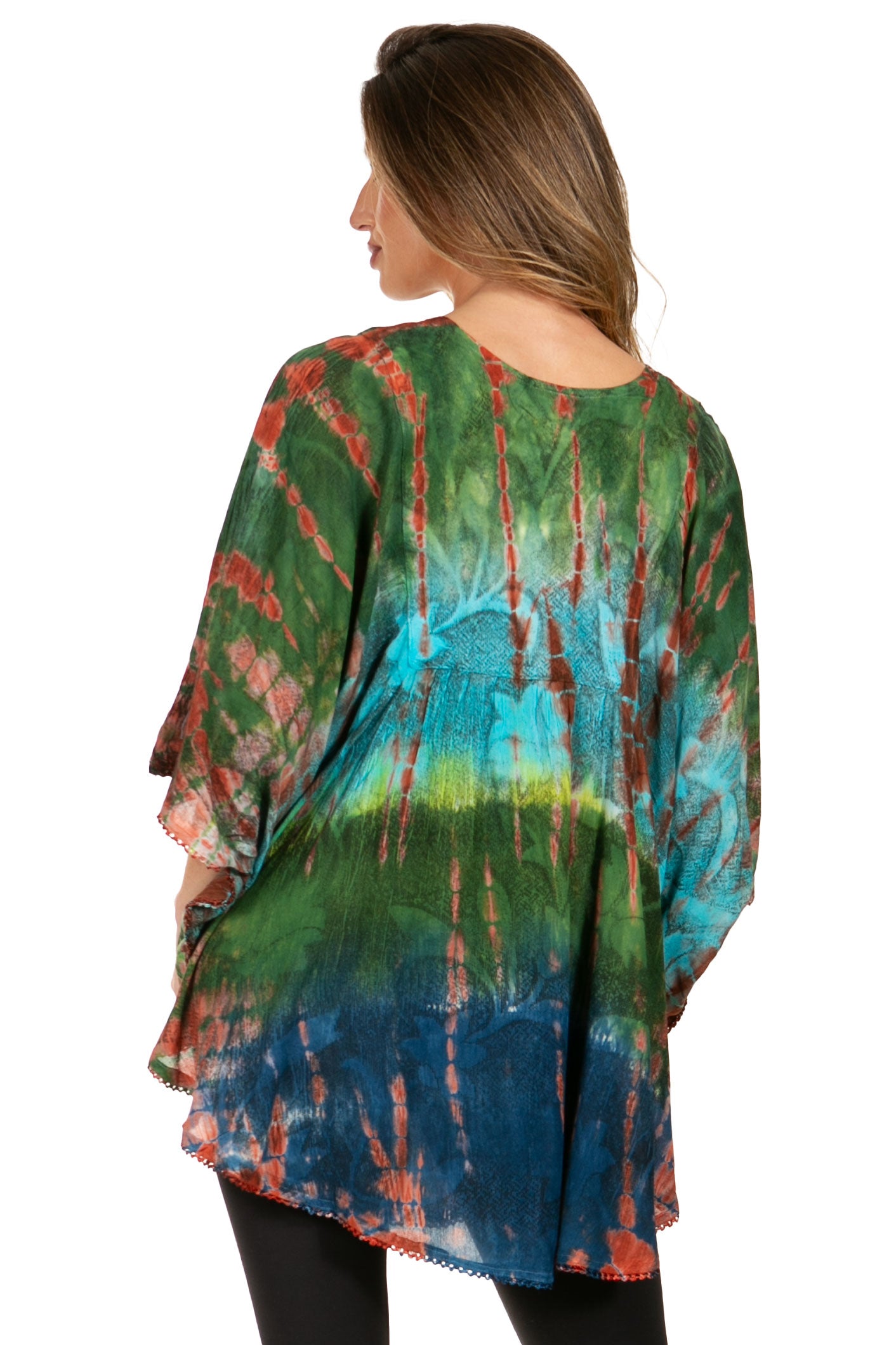 Sakkas Ellesa Ombre Tie Dye Circle Poncho Blouse Shirt Top With Sequin Embroidery - Concordia Style Boutique