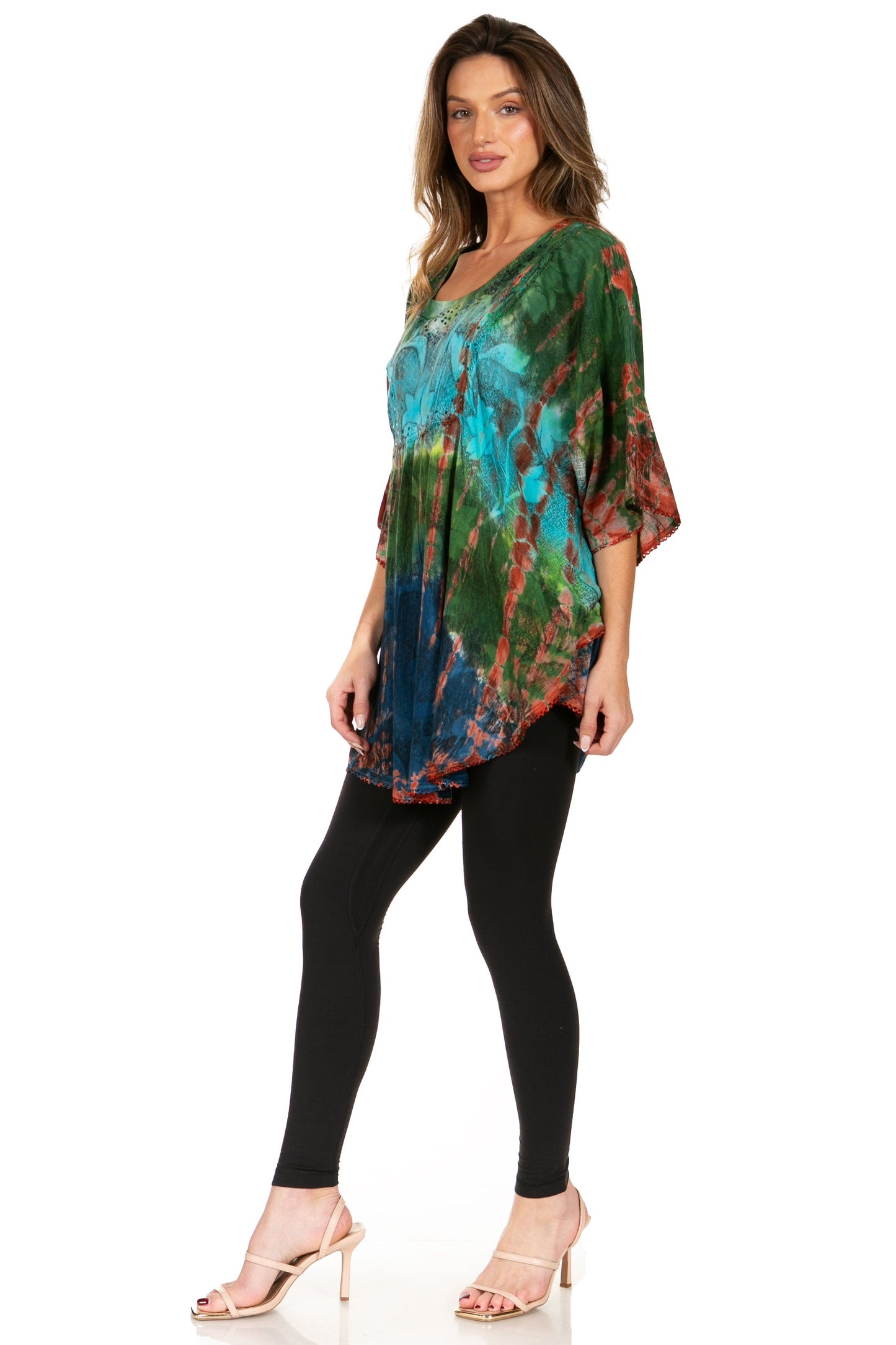 Sakkas Ellesa Ombre Tie Dye Circle Poncho Blouse Shirt Top With Sequin Embroidery - Concordia Style Boutique