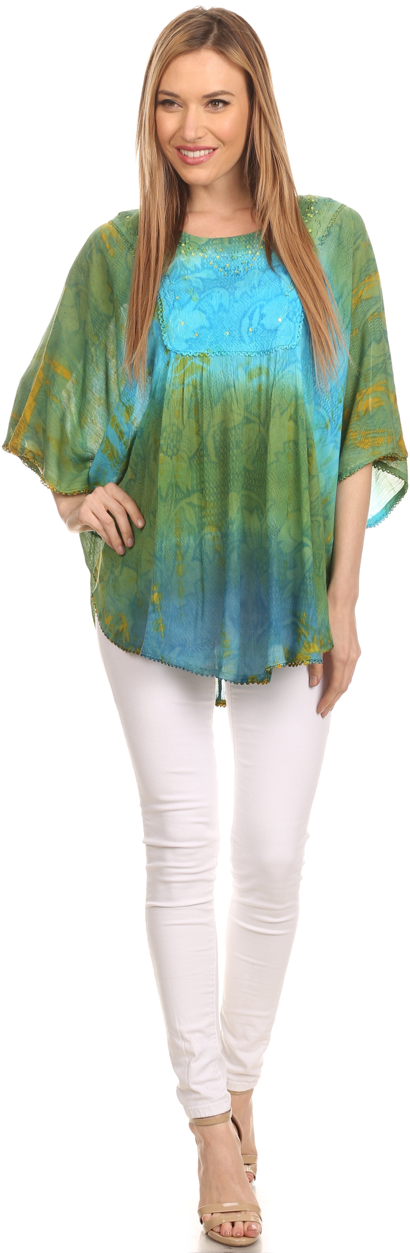 Sakkas Ellesa Ombre Tie Dye Circle Poncho Blouse Shirt Top With Sequin Embroidery - Concordia Style Boutique