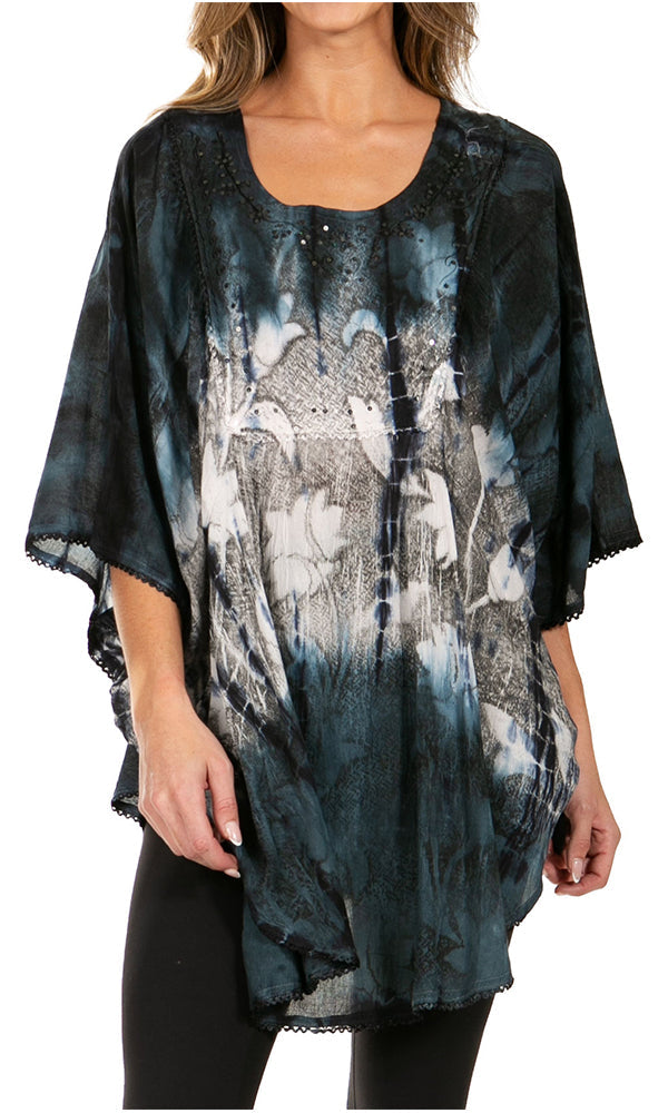 Sakkas Ellesa Ombre Tie Dye Circle Poncho Blouse Shirt Top With Sequin Embroidery - Concordia Style Boutique
