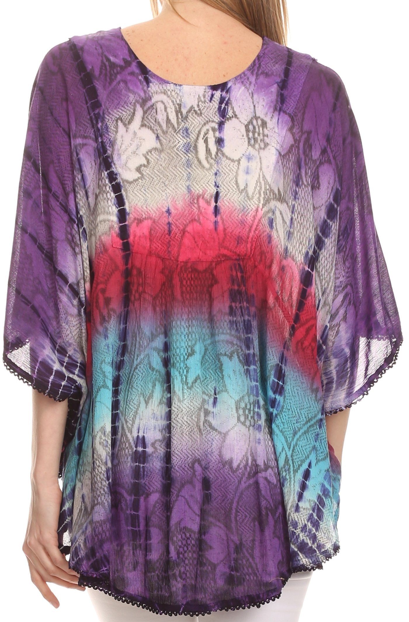 Sakkas Ellesa Ombre Tie Dye Circle Poncho Blouse Shirt Top With Sequin Embroidery - Concordia Style Boutique