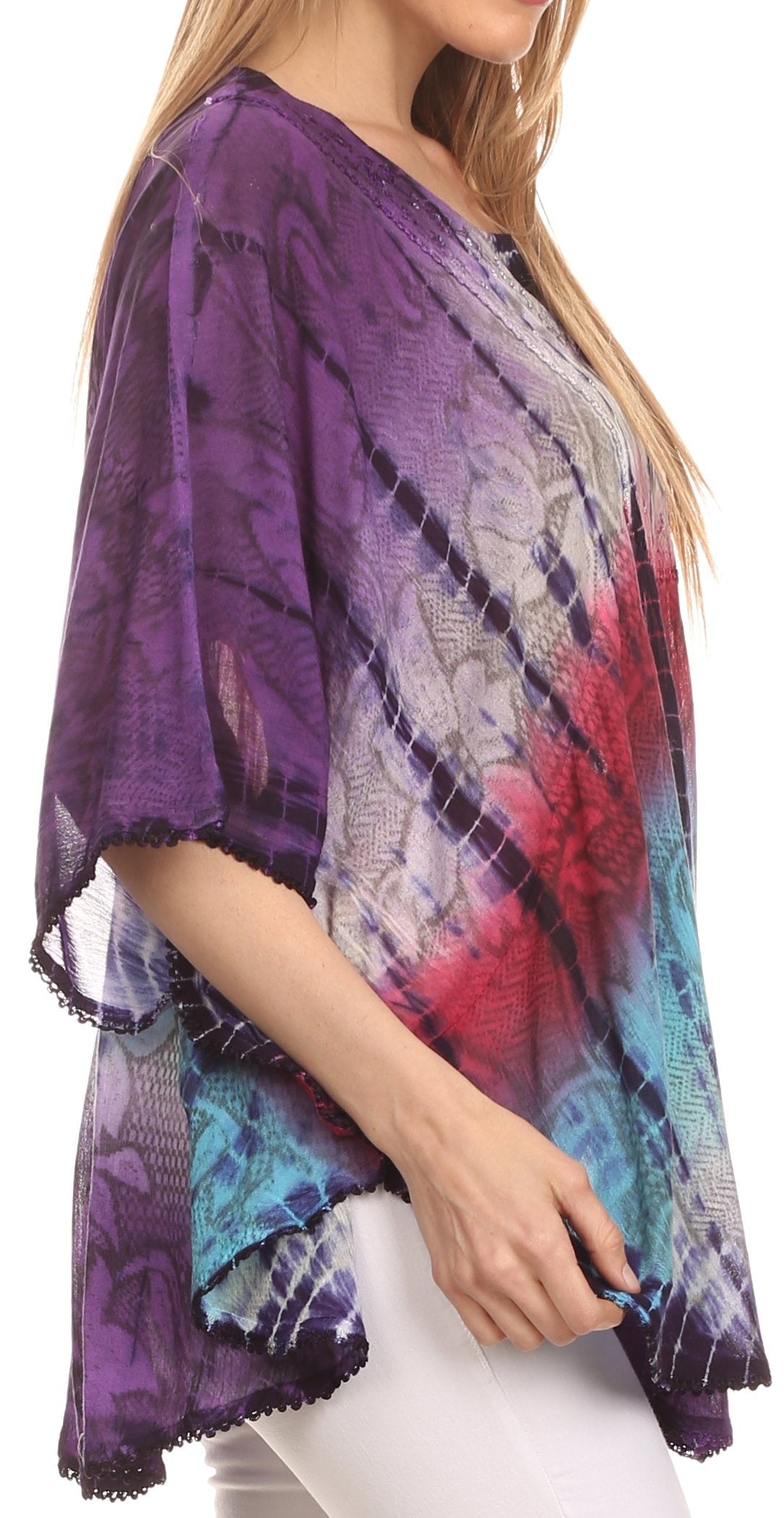 Sakkas Ellesa Ombre Tie Dye Circle Poncho Blouse Shirt Top With Sequin Embroidery - Concordia Style Boutique