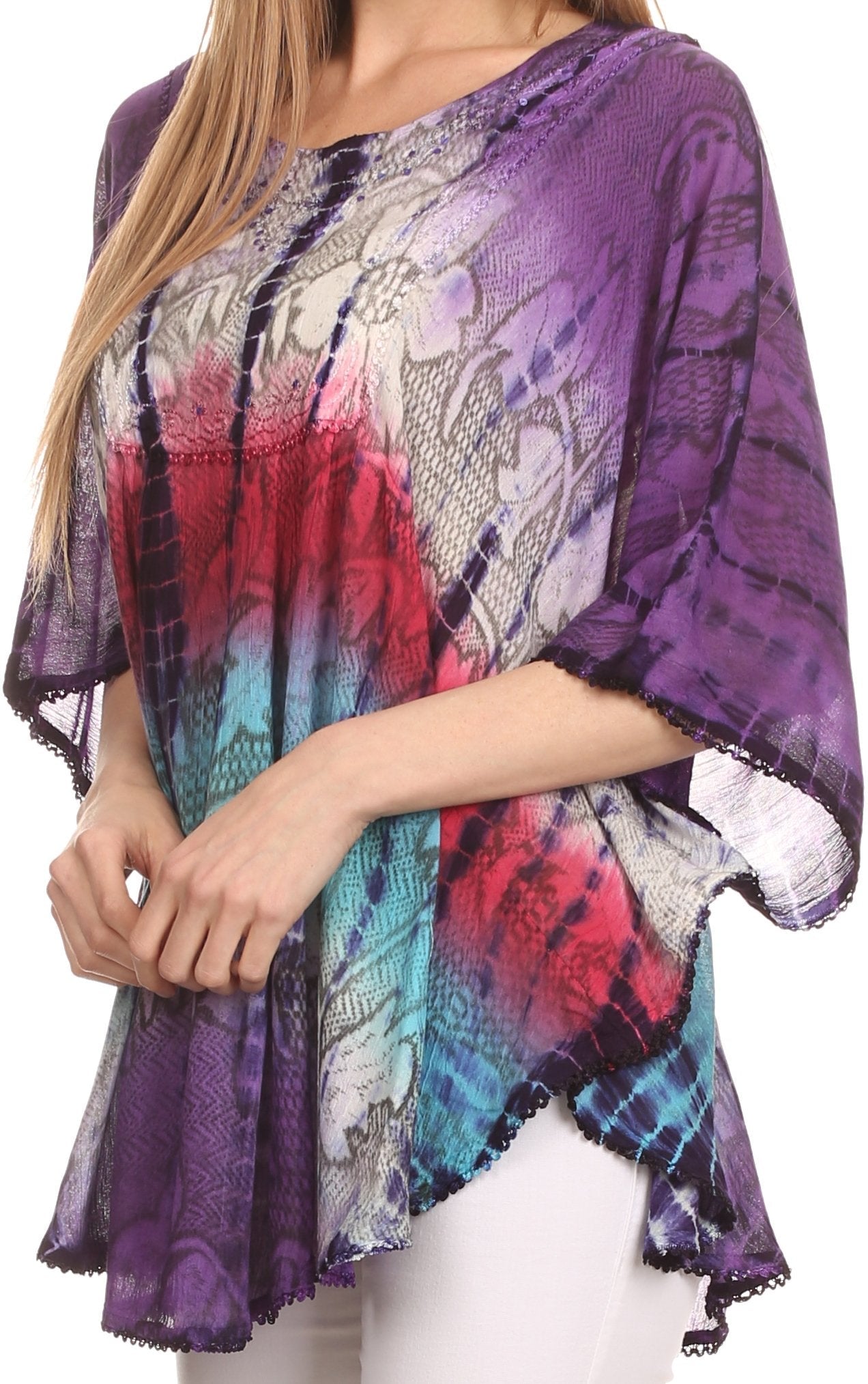 Sakkas Ellesa Ombre Tie Dye Circle Poncho Blouse Shirt Top With Sequin Embroidery - Concordia Style Boutique