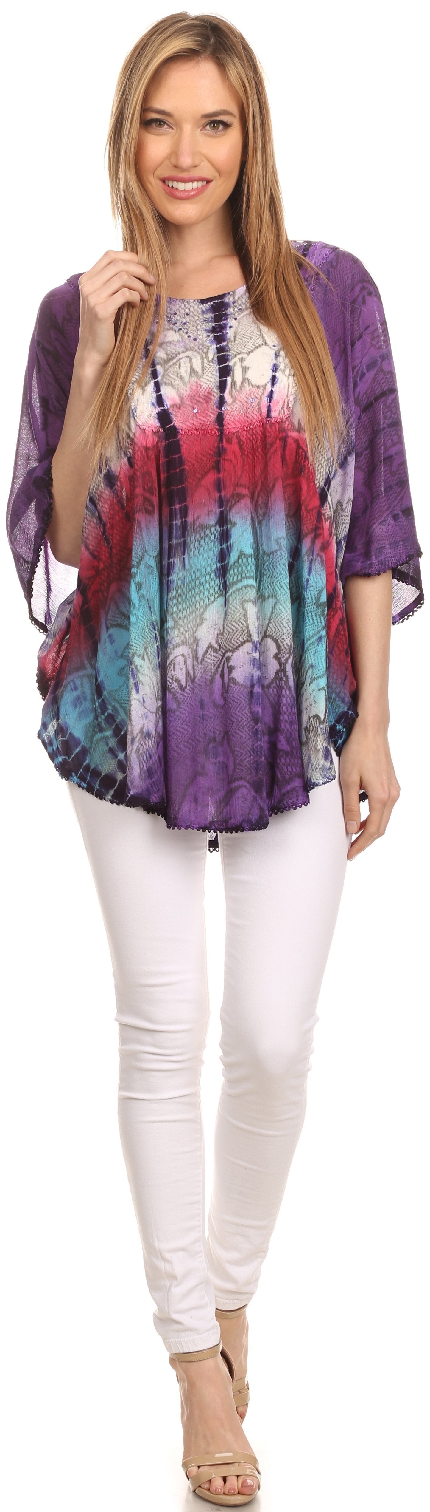 Sakkas Ellesa Ombre Tie Dye Circle Poncho Blouse Shirt Top With Sequin Embroidery - Concordia Style Boutique