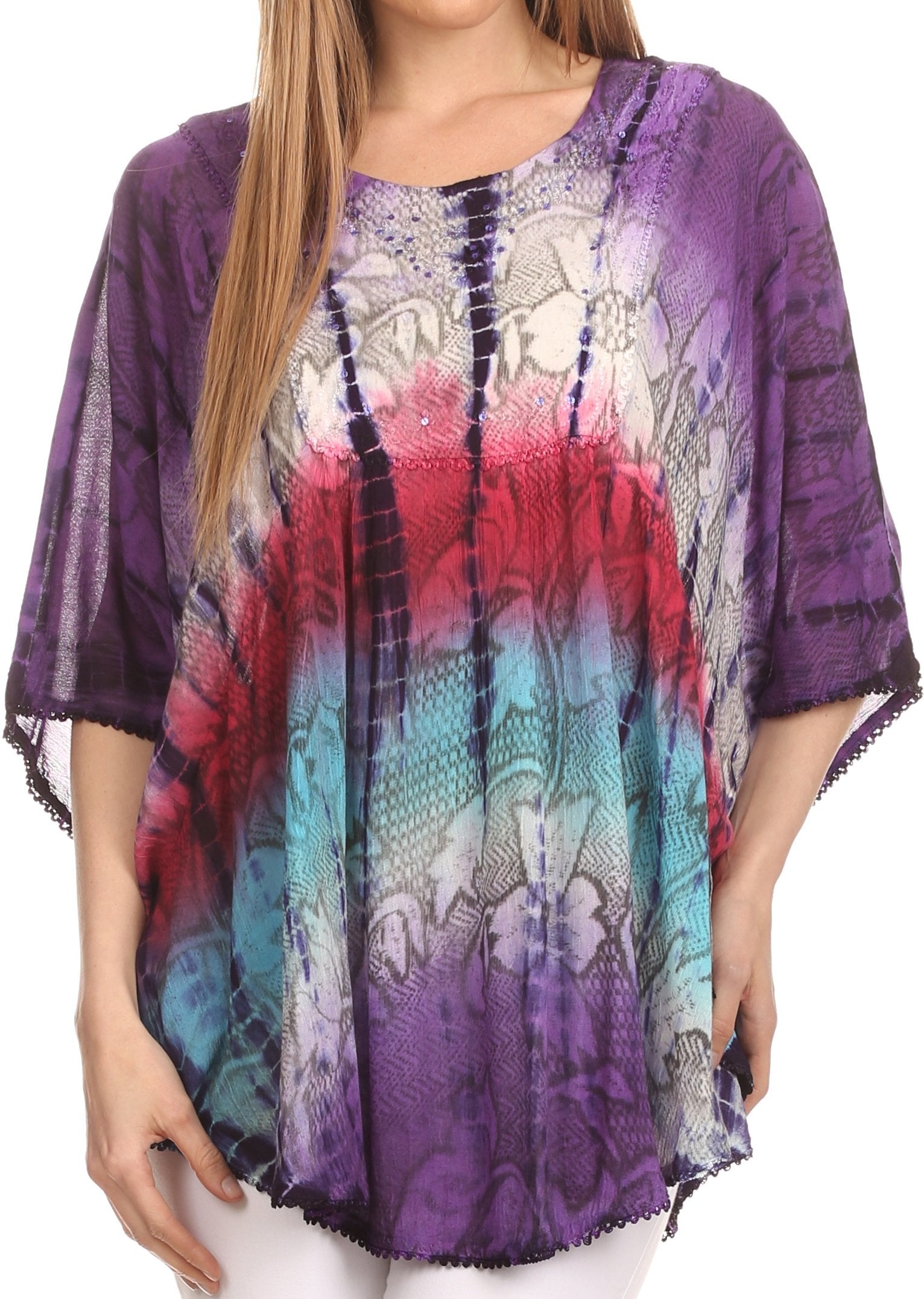 Sakkas Ellesa Ombre Tie Dye Circle Poncho Blouse Shirt Top With Sequin Embroidery - Concordia Style Boutique