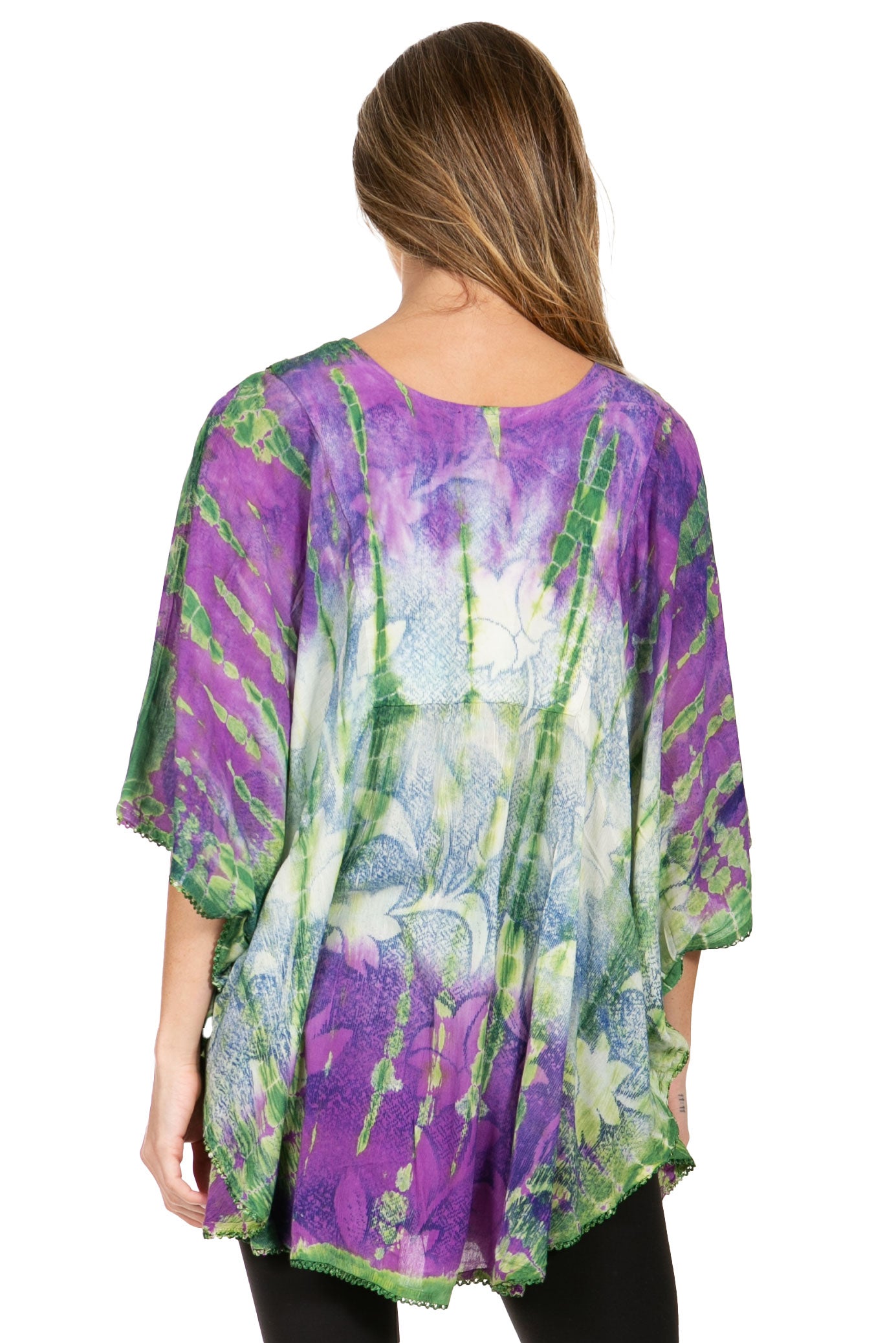 Sakkas Ellesa Ombre Tie Dye Circle Poncho Blouse Shirt Top With Sequin Embroidery - Concordia Style Boutique