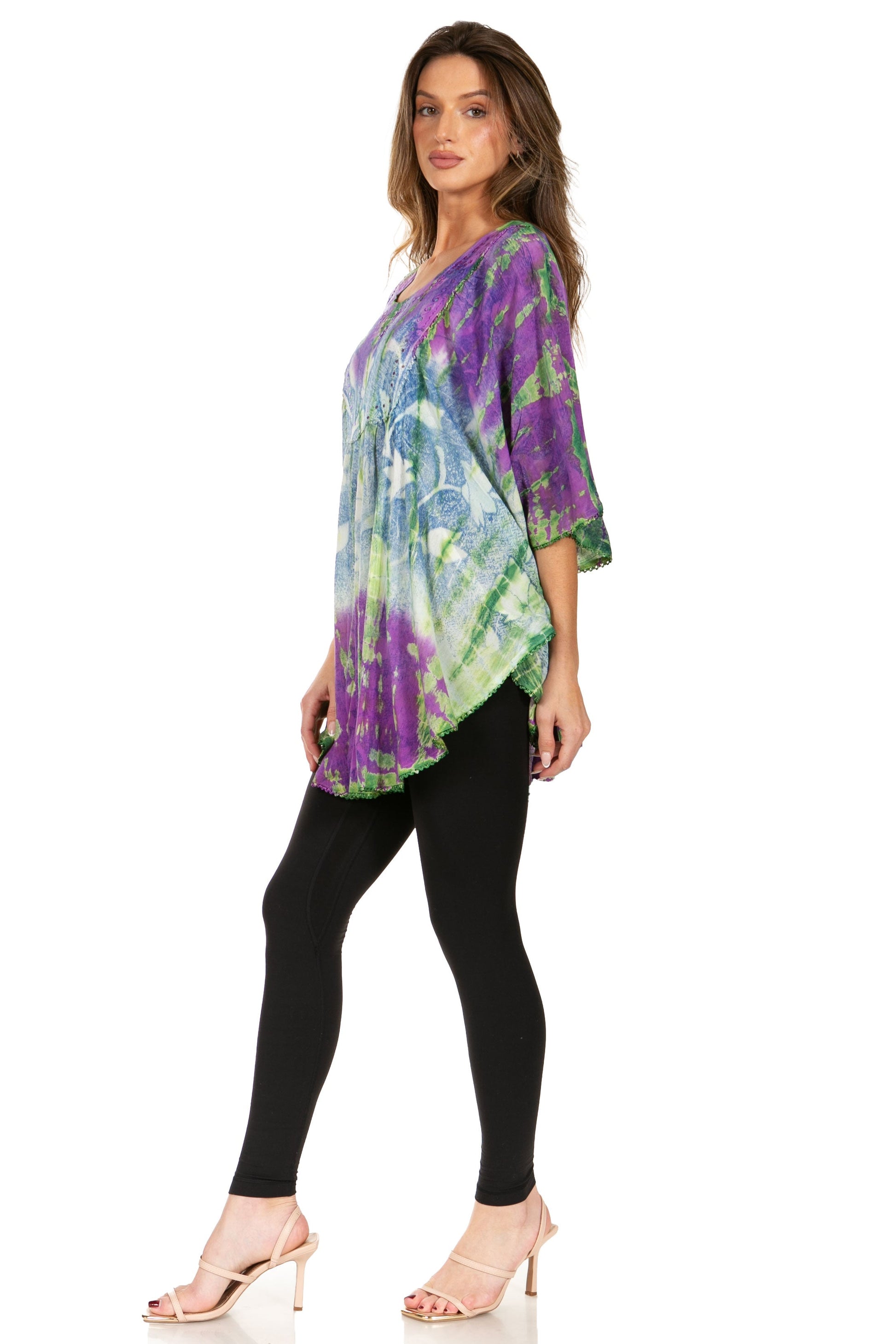 Sakkas Ellesa Ombre Tie Dye Circle Poncho Blouse Shirt Top With Sequin Embroidery - Concordia Style Boutique