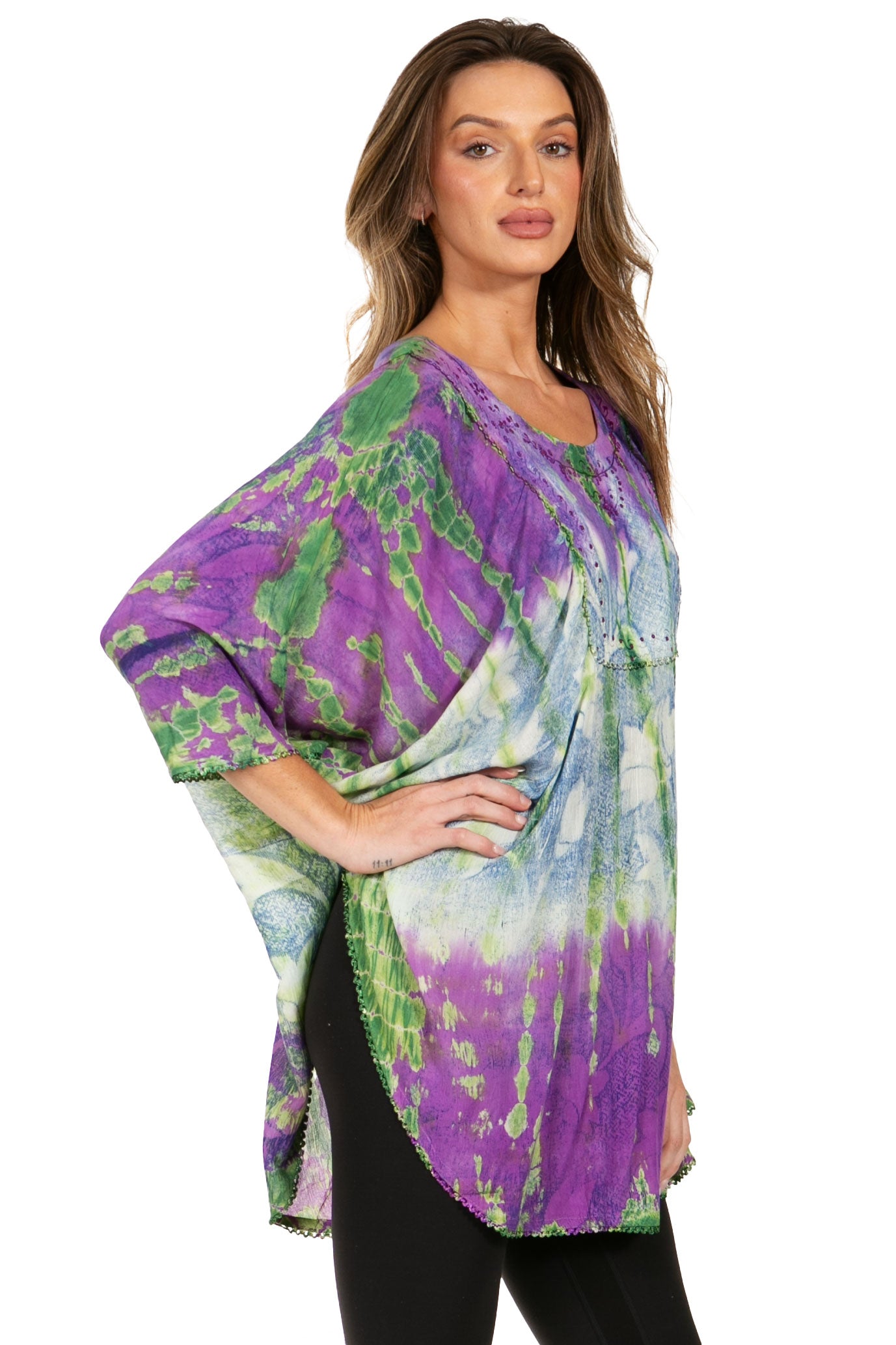 Sakkas Ellesa Ombre Tie Dye Circle Poncho Blouse Shirt Top With Sequin Embroidery - Concordia Style Boutique