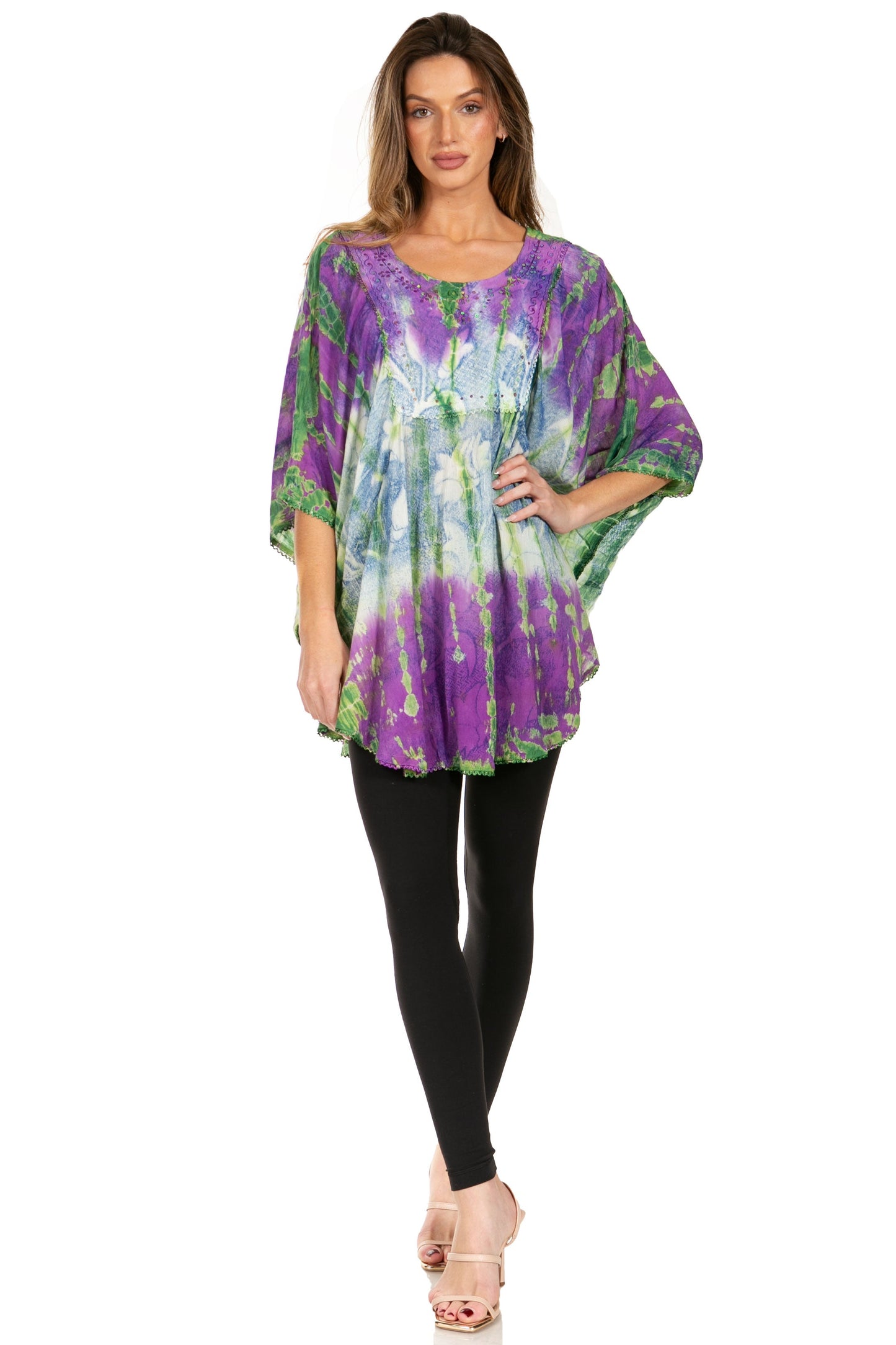 Sakkas Ellesa Ombre Tie Dye Circle Poncho Blouse Shirt Top With Sequin Embroidery - Concordia Style Boutique