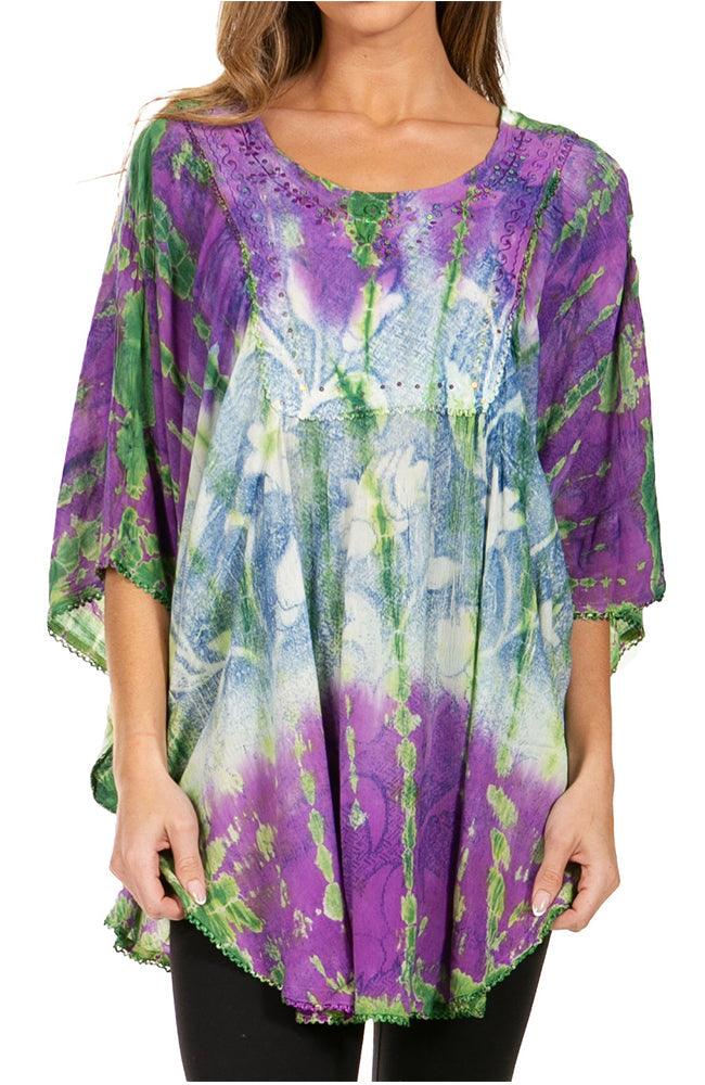 Sakkas Ellesa Ombre Tie Dye Circle Poncho Blouse Shirt Top With Sequin Embroidery - Concordia Style Boutique