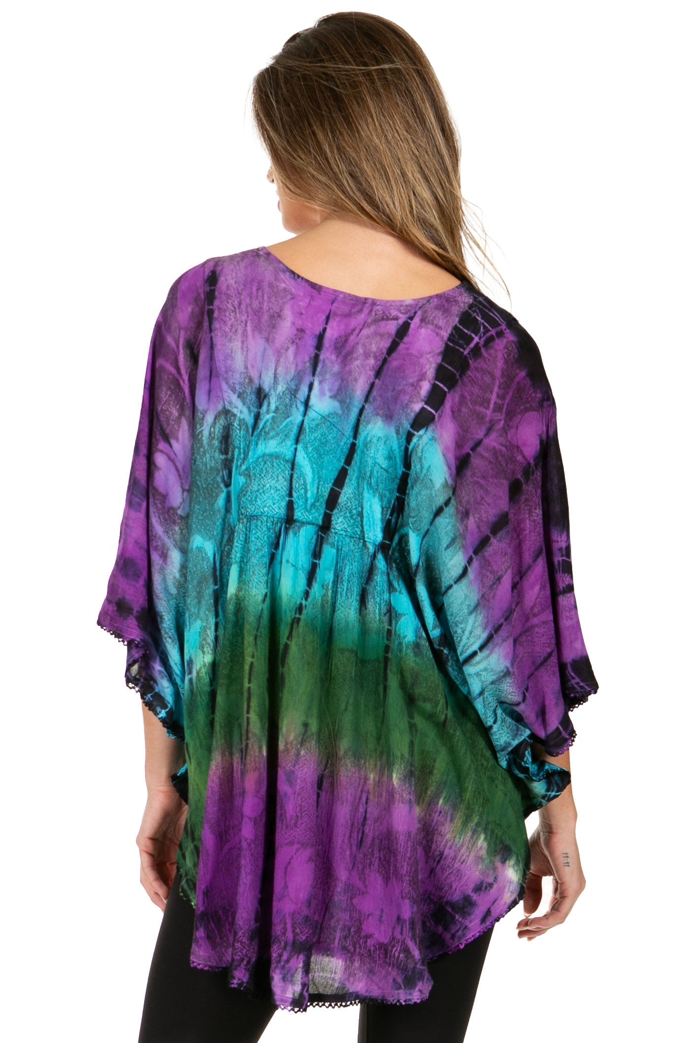 Sakkas Ellesa Ombre Tie Dye Circle Poncho Blouse Shirt Top With Sequin Embroidery - Concordia Style Boutique