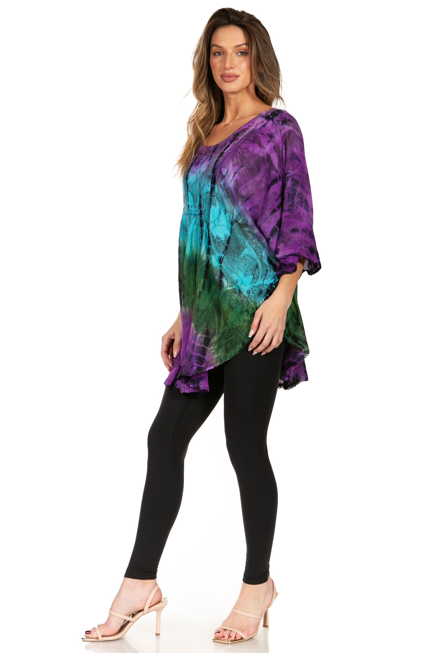 Sakkas Ellesa Ombre Tie Dye Circle Poncho Blouse Shirt Top With Sequin Embroidery - Concordia Style Boutique