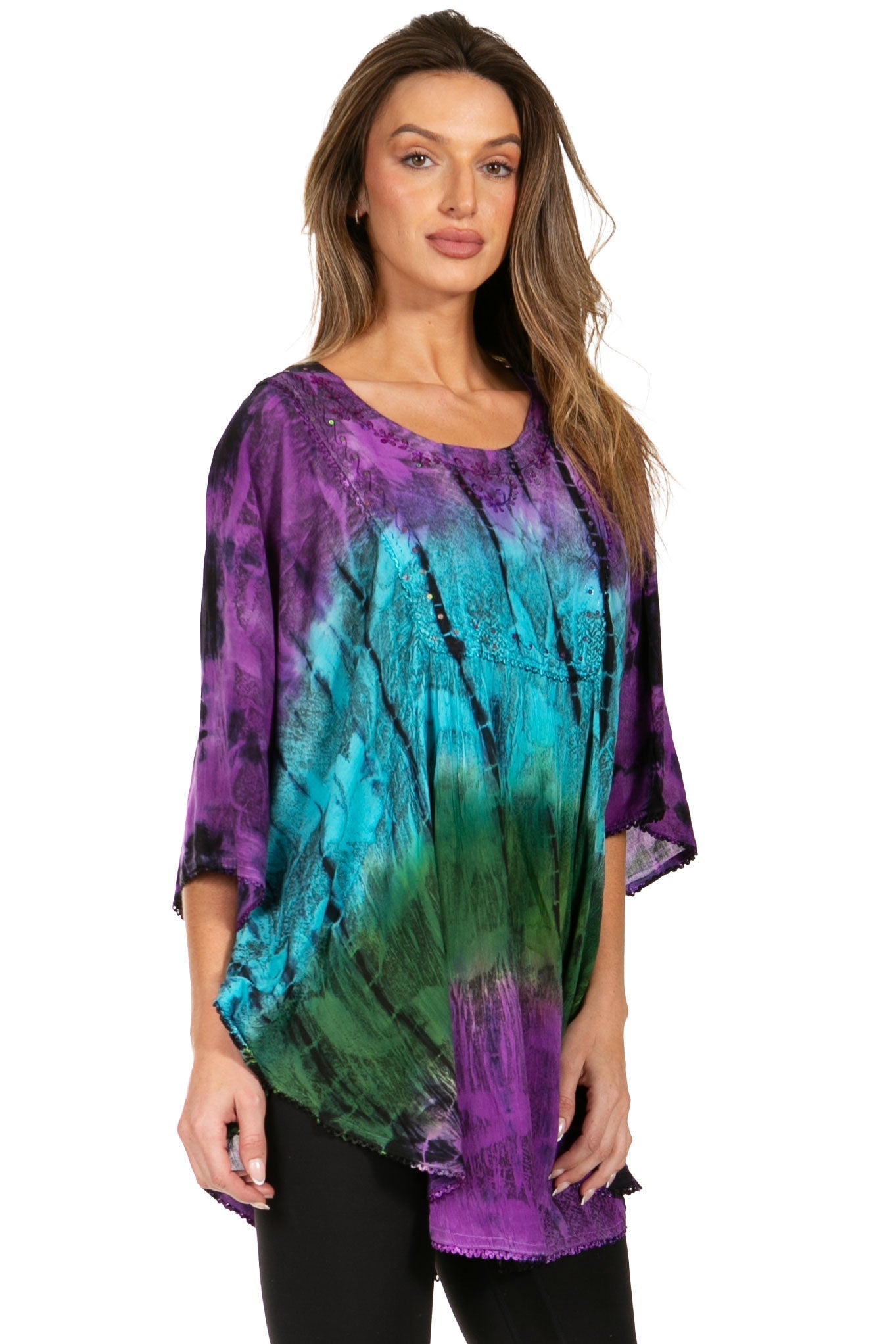 Sakkas Ellesa Ombre Tie Dye Circle Poncho Blouse Shirt Top With Sequin Embroidery - Concordia Style Boutique