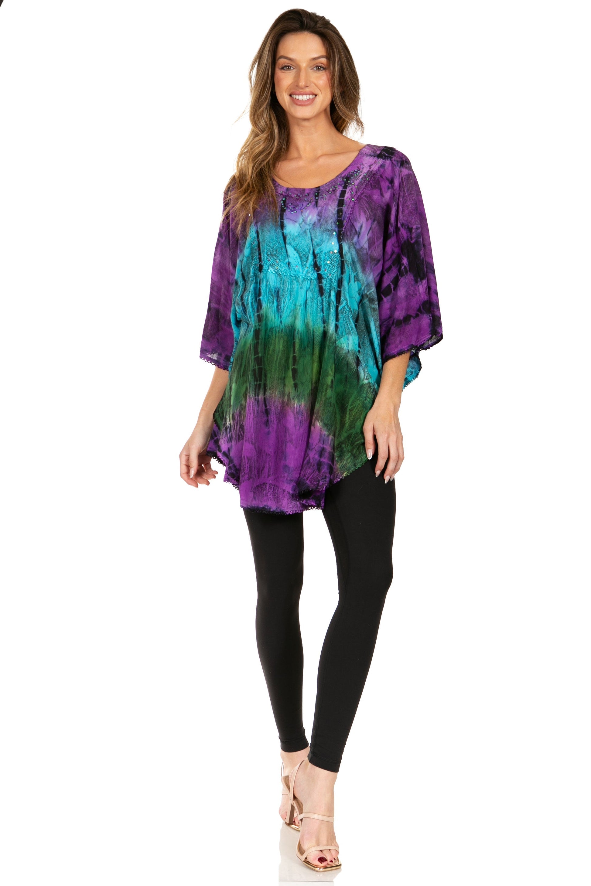 Sakkas Ellesa Ombre Tie Dye Circle Poncho Blouse Shirt Top With Sequin Embroidery - Concordia Style Boutique