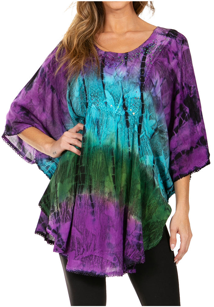 Sakkas Ellesa Ombre Tie Dye Circle Poncho Blouse Shirt Top With Sequin Embroidery - Concordia Style Boutique