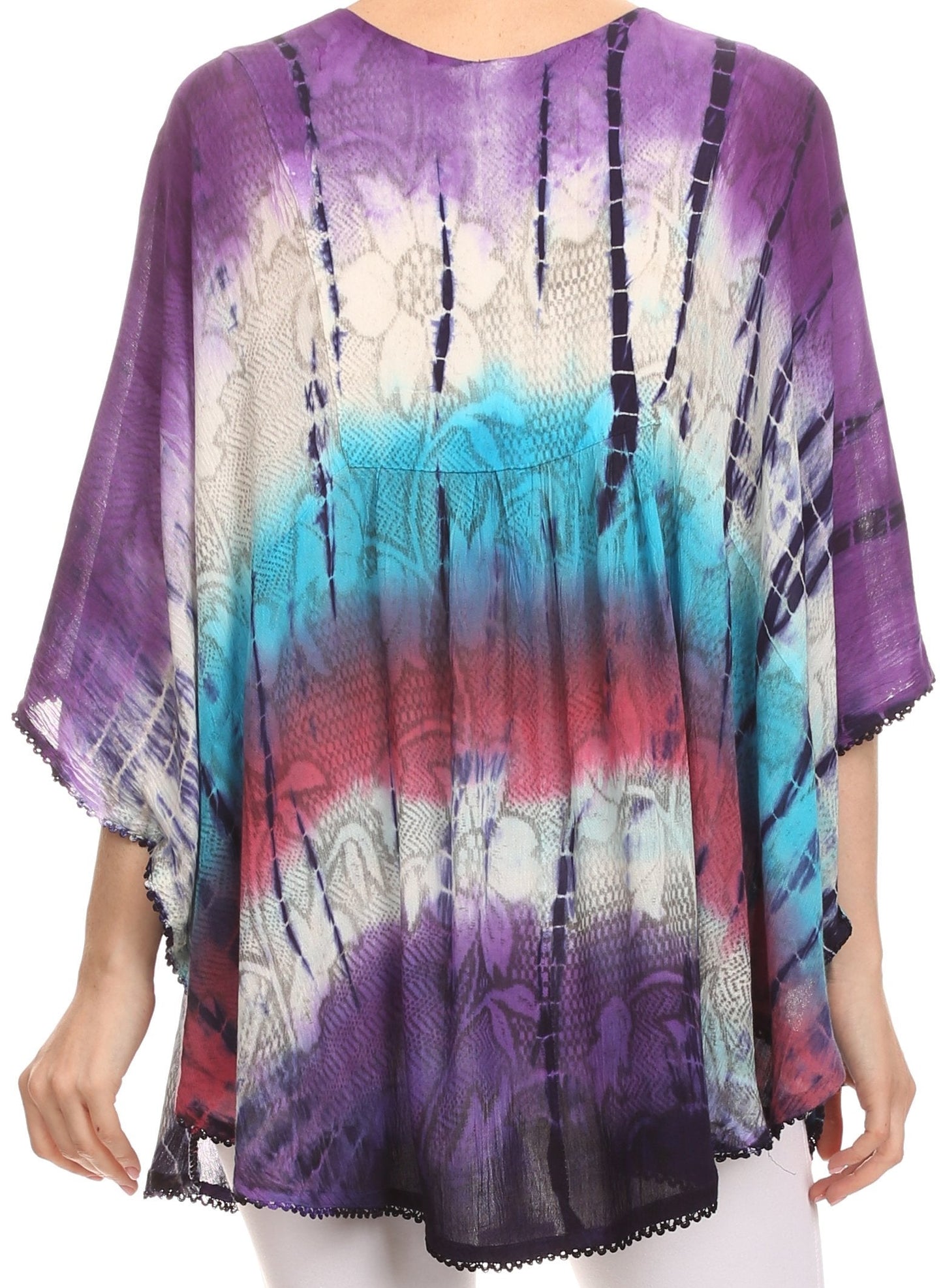 Sakkas Ellesa Ombre Tie Dye Circle Poncho Blouse Shirt Top With Sequin Embroidery - Concordia Style Boutique