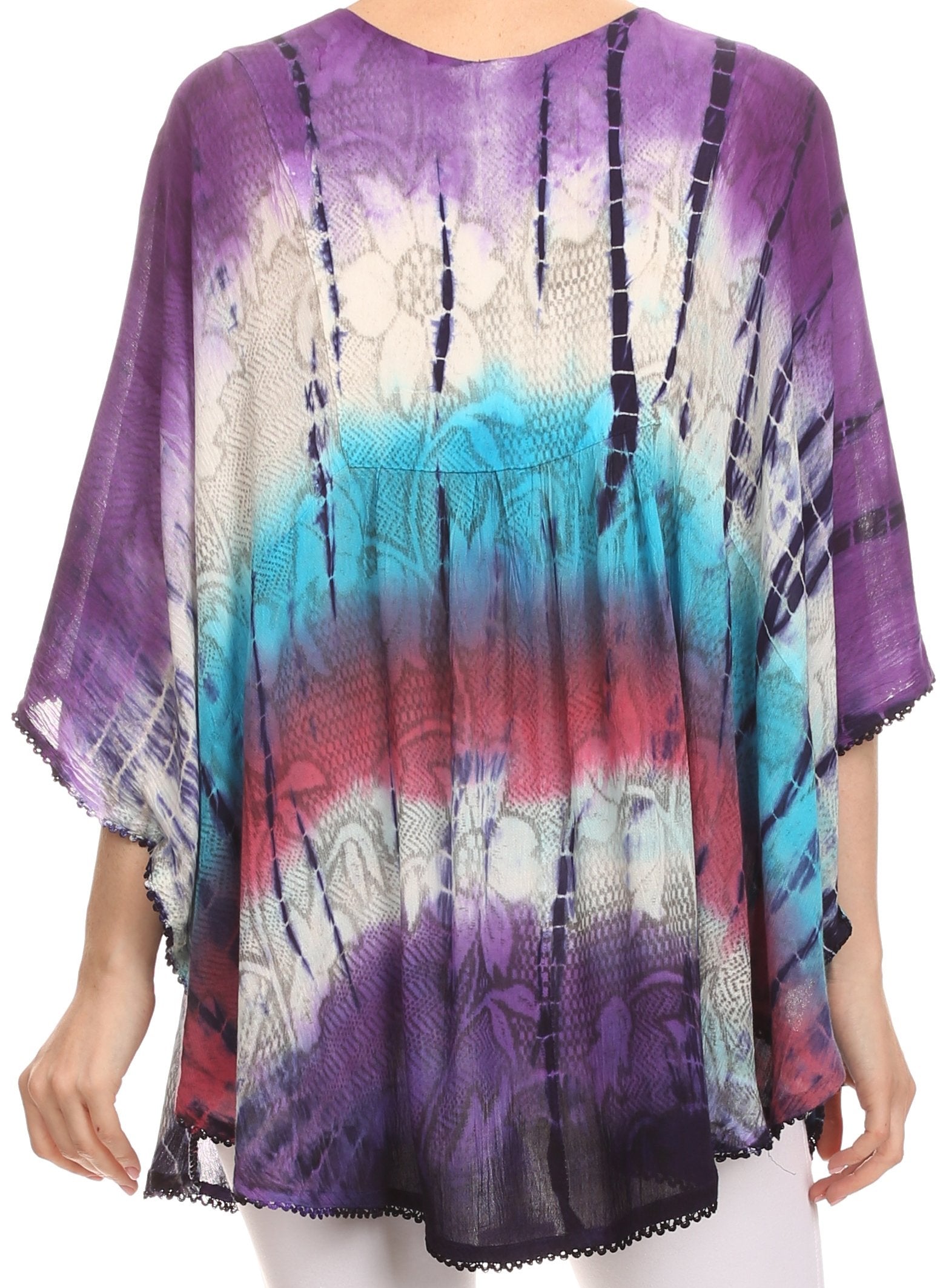 Sakkas Ellesa Ombre Tie Dye Circle Poncho Blouse Shirt Top With Sequin Embroidery - Concordia Style Boutique
