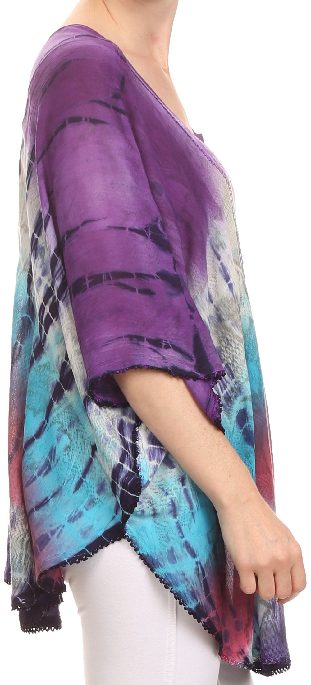 Sakkas Ellesa Ombre Tie Dye Circle Poncho Blouse Shirt Top With Sequin Embroidery - Concordia Style Boutique