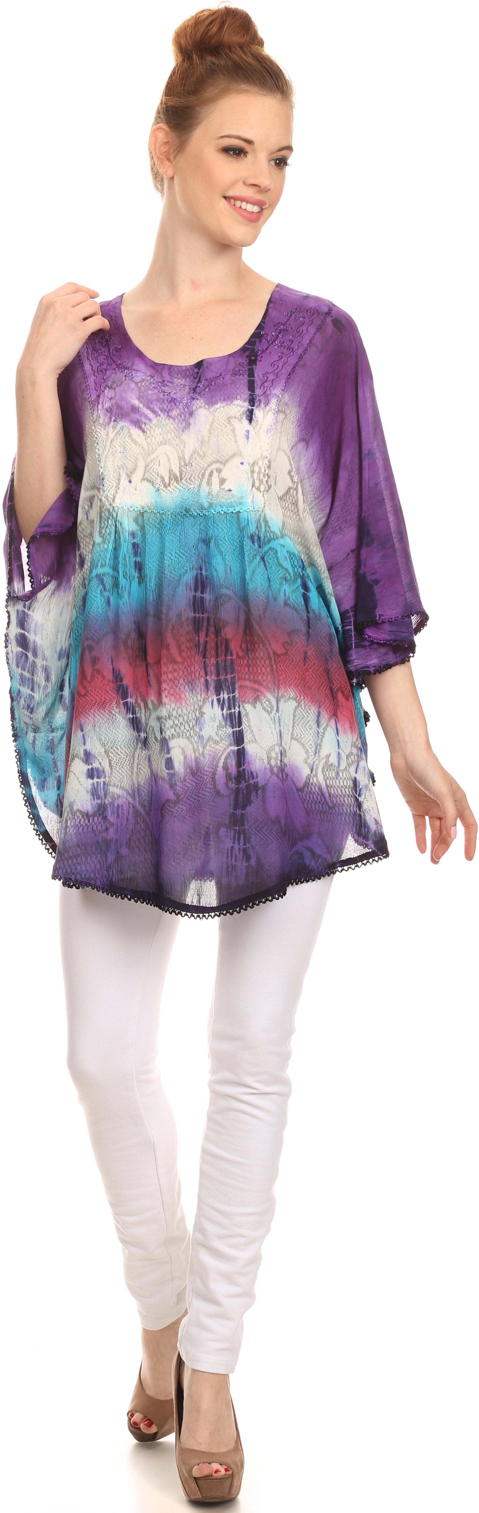 Sakkas Ellesa Ombre Tie Dye Circle Poncho Blouse Shirt Top With Sequin Embroidery - Concordia Style Boutique