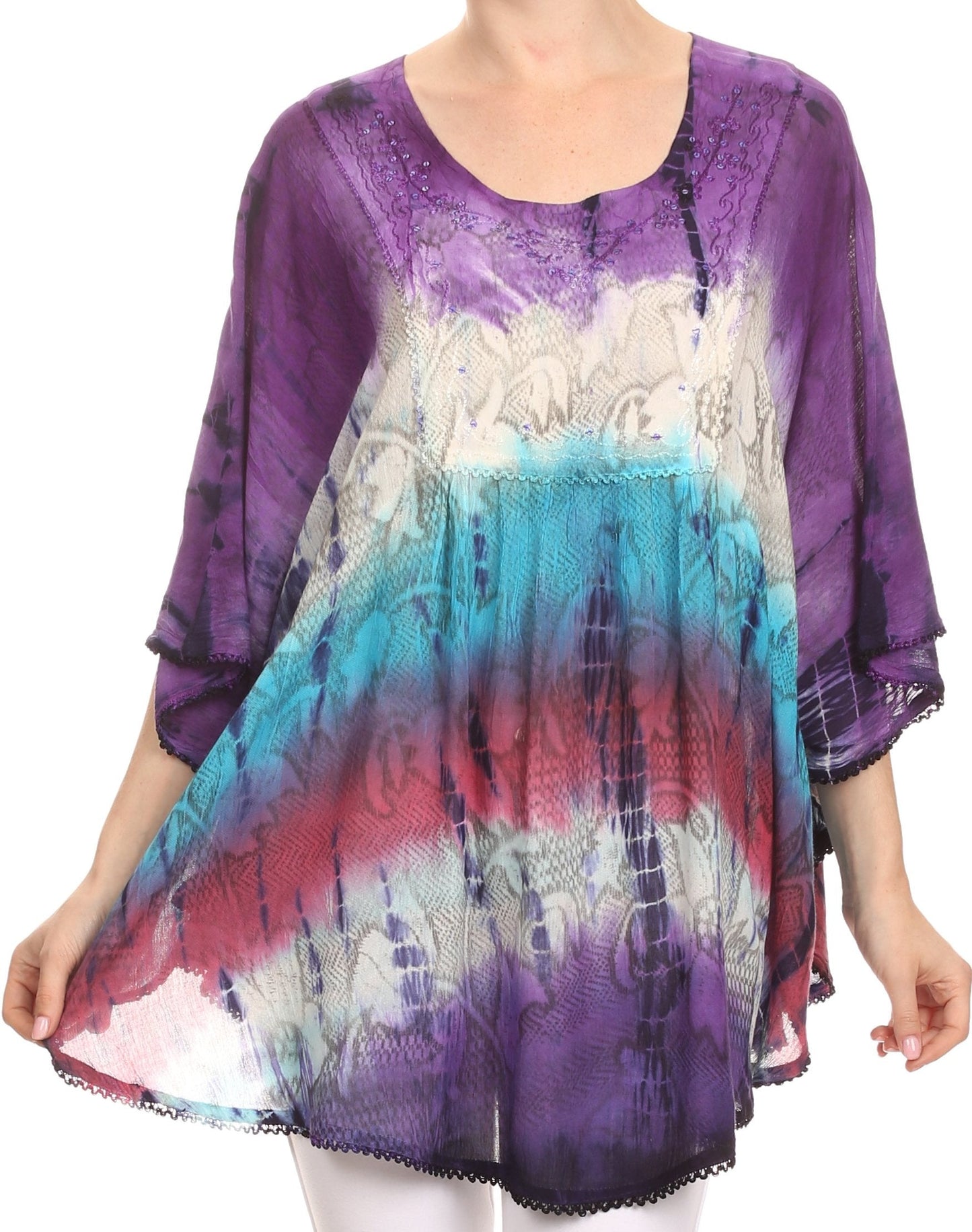 Sakkas Ellesa Ombre Tie Dye Circle Poncho Blouse Shirt Top With Sequin Embroidery - Concordia Style Boutique