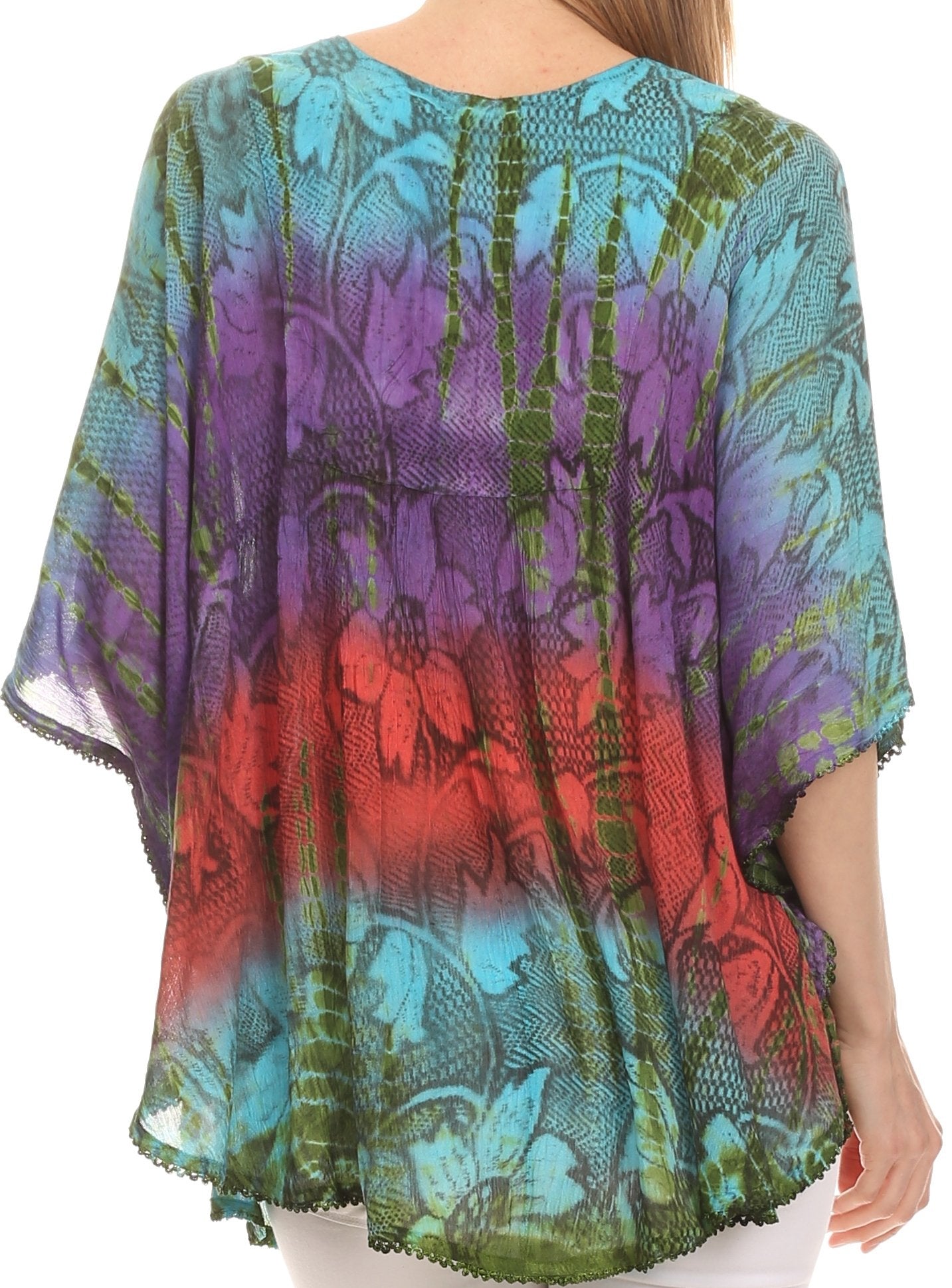 Sakkas Ellesa Ombre Tie Dye Circle Poncho Blouse Shirt Top With Sequin Embroidery - Concordia Style Boutique