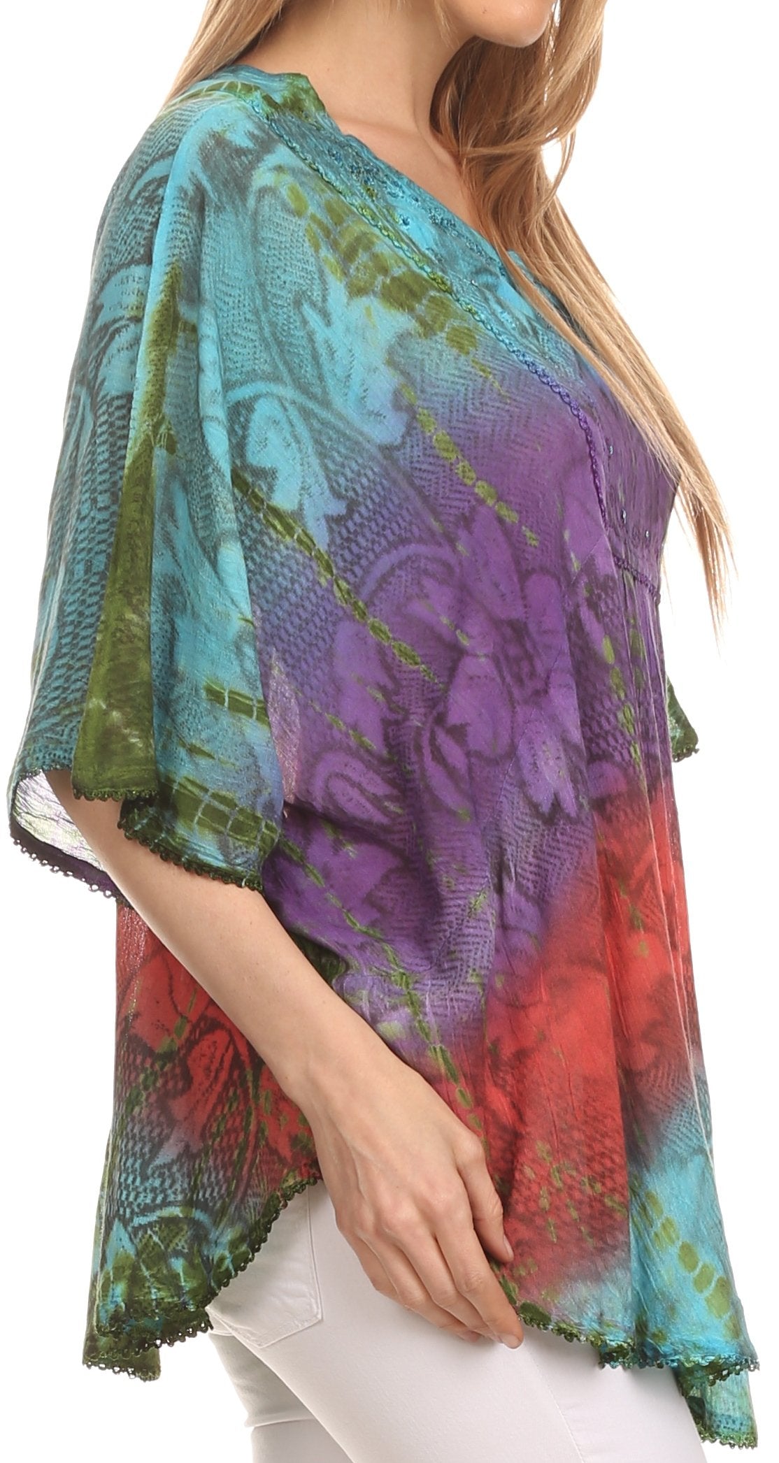Sakkas Ellesa Ombre Tie Dye Circle Poncho Blouse Shirt Top With Sequin Embroidery - Concordia Style Boutique