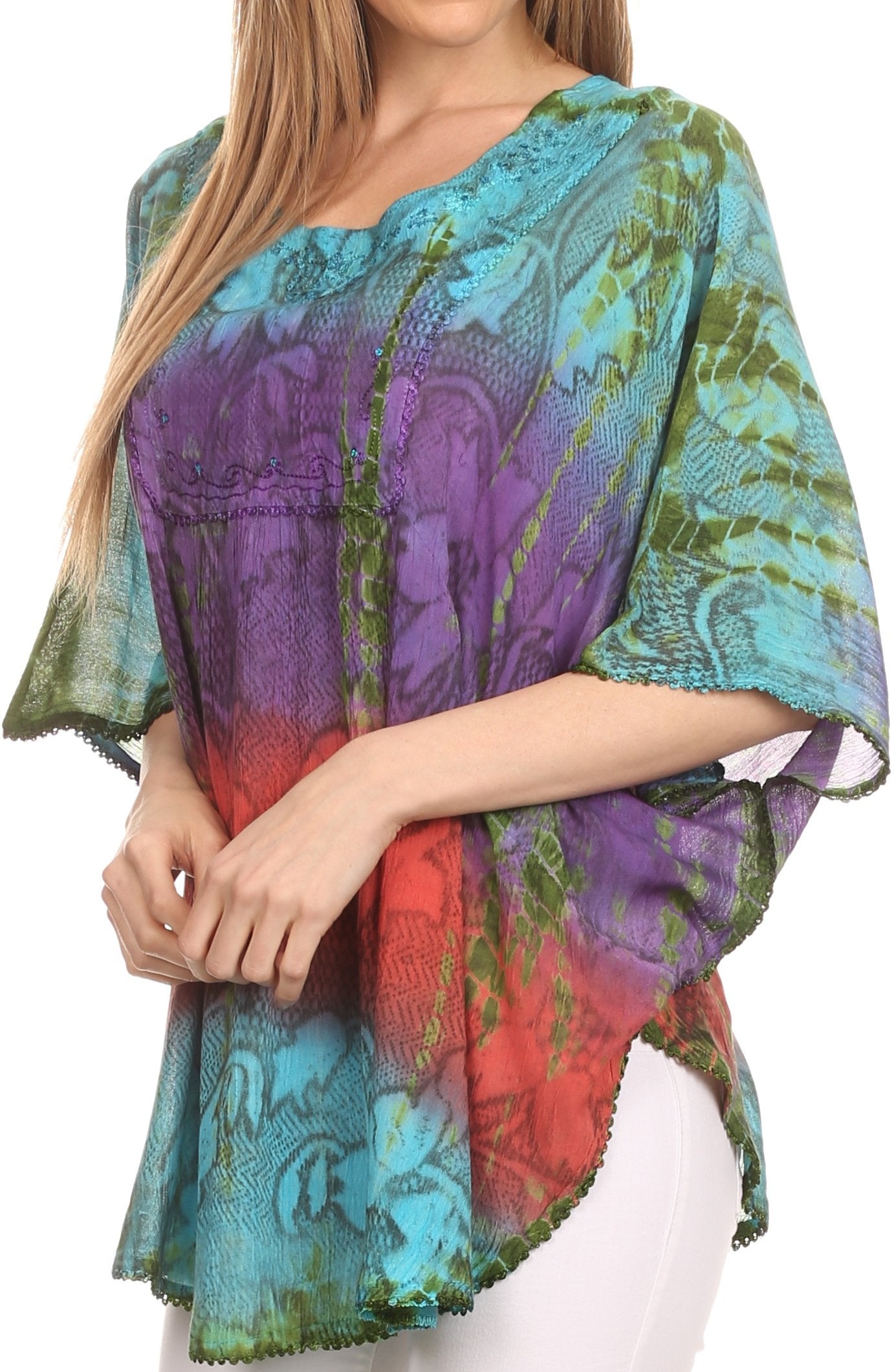 Sakkas Ellesa Ombre Tie Dye Circle Poncho Blouse Shirt Top With Sequin Embroidery - Concordia Style Boutique