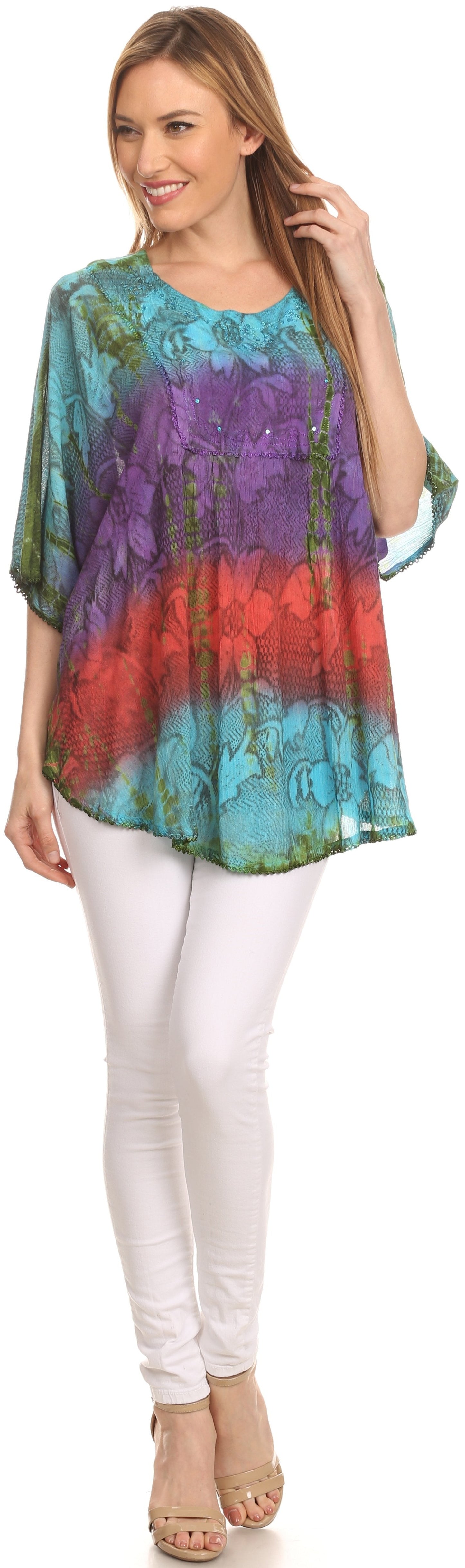 Sakkas Ellesa Ombre Tie Dye Circle Poncho Blouse Shirt Top With Sequin Embroidery - Concordia Style Boutique
