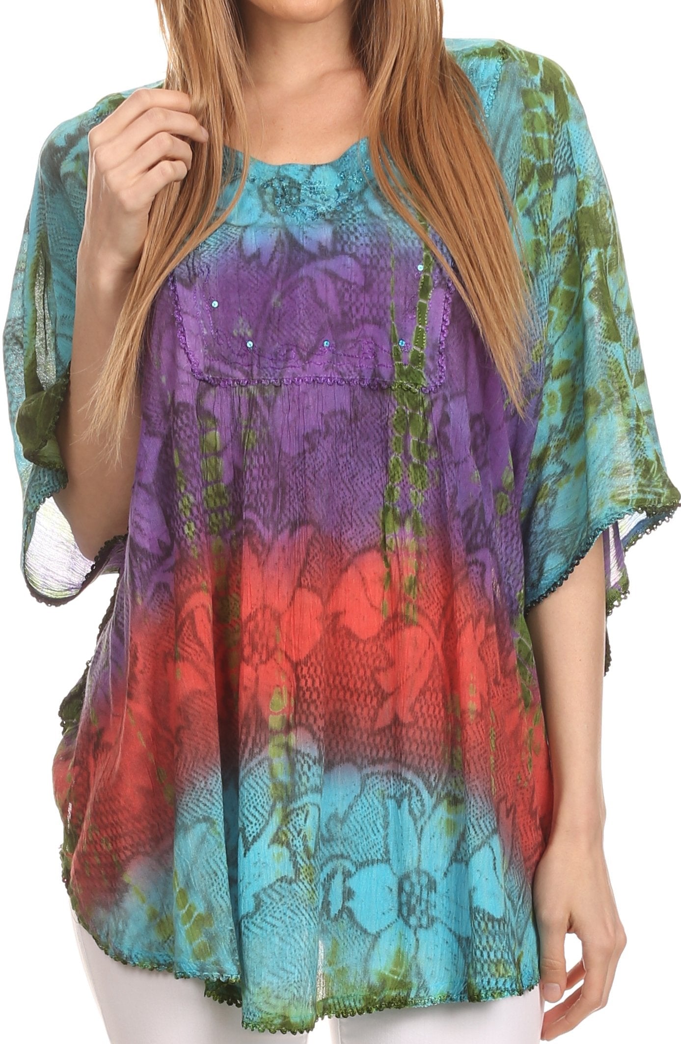 Sakkas Ellesa Ombre Tie Dye Circle Poncho Blouse Shirt Top With Sequin Embroidery - Concordia Style Boutique
