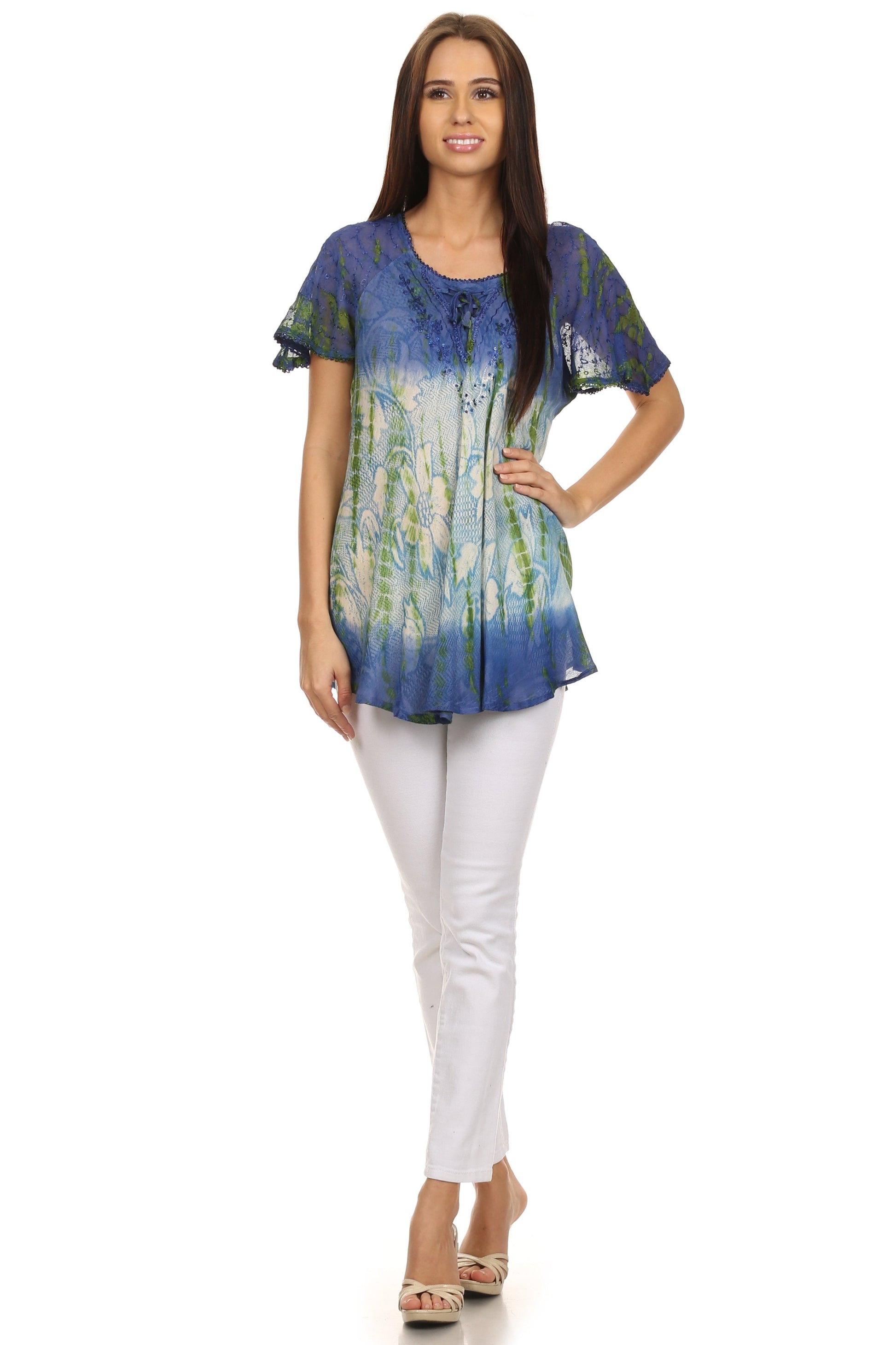 Sakkas Dina Relaxed Fit Sequin Tie Dye Embroidery Cap Sleeves Blouse / Top - Concordia Style Boutique