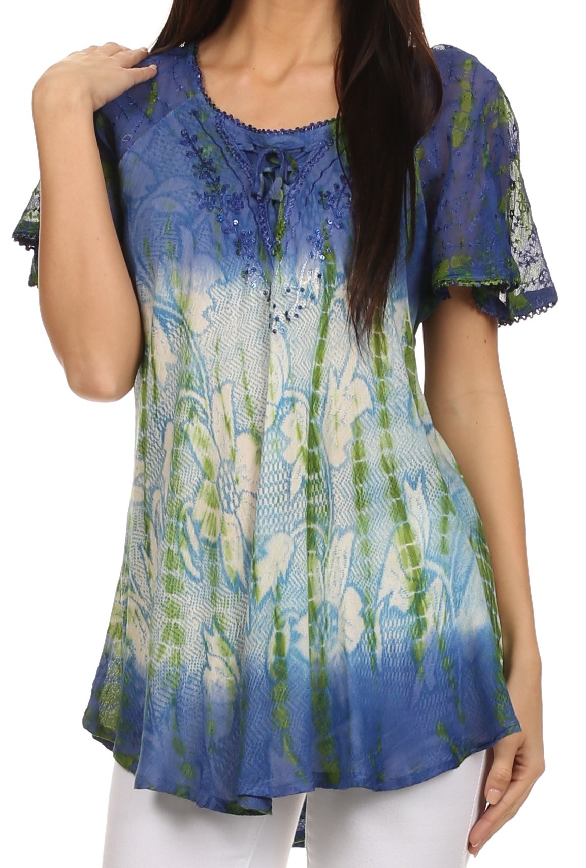 Sakkas Dina Relaxed Fit Sequin Tie Dye Embroidery Cap Sleeves Blouse / Top - Concordia Style Boutique
