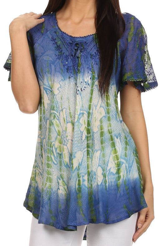 Sakkas Dina Relaxed Fit Sequin Tie Dye Embroidery Cap Sleeves Blouse / Top - Concordia Style Boutique