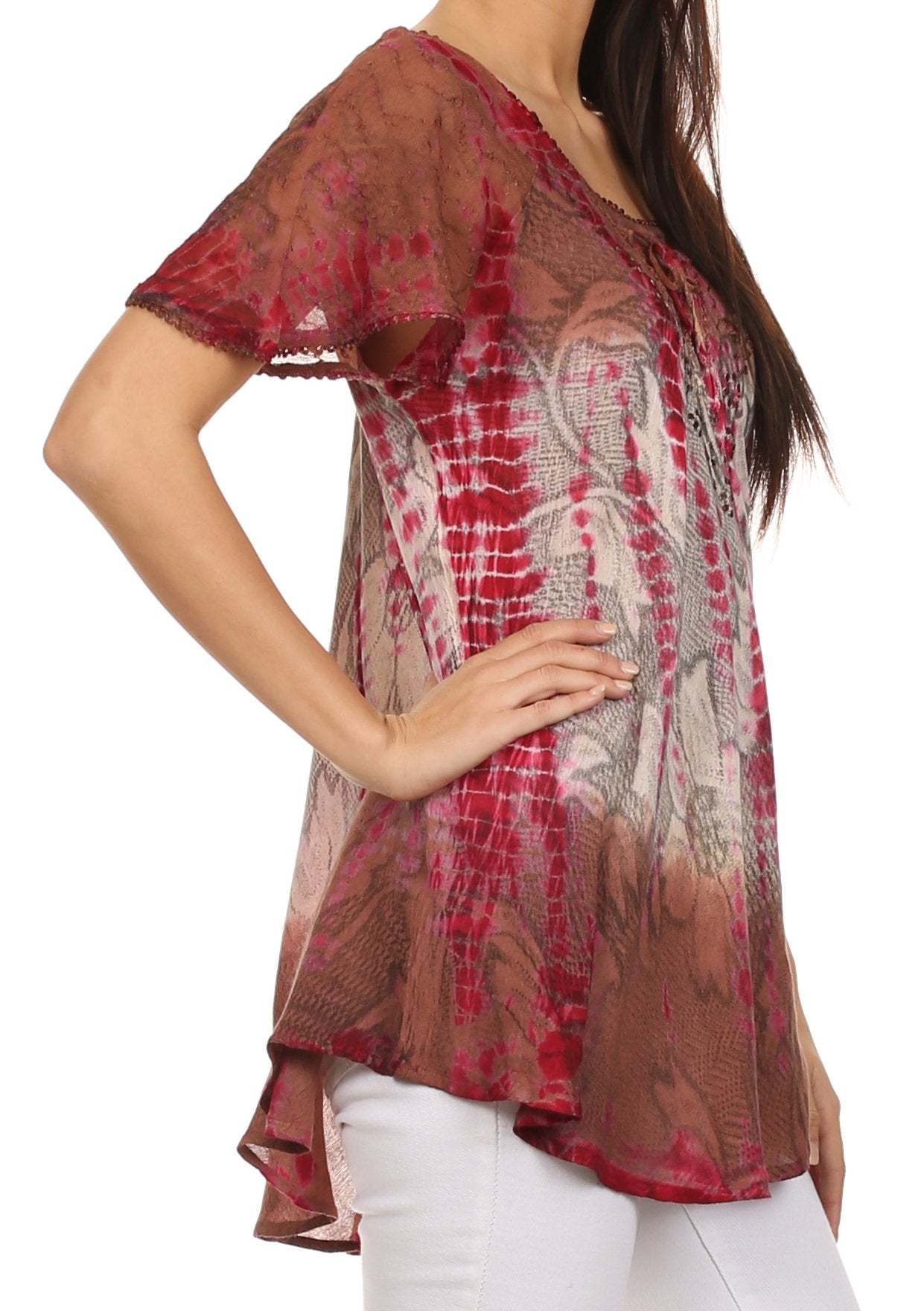 Sakkas Dina Relaxed Fit Sequin Tie Dye Embroidery Cap Sleeves Blouse / Top - Concordia Style Boutique