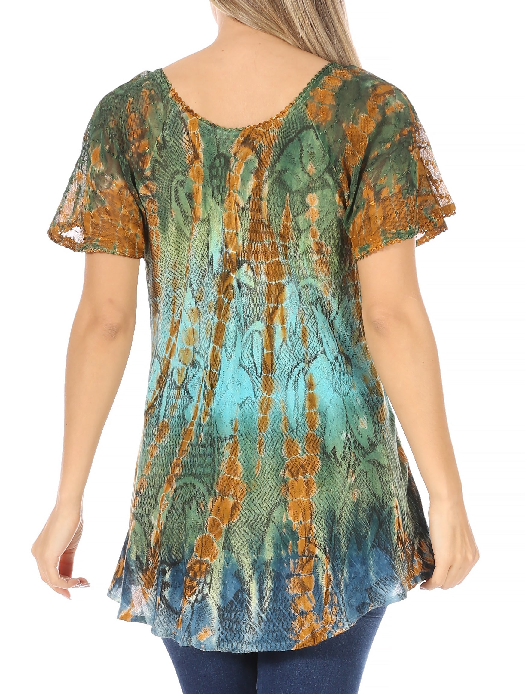 Sakkas Dina Relaxed Fit Sequin Tie Dye Embroidery Cap Sleeves Blouse / Top - Concordia Style Boutique