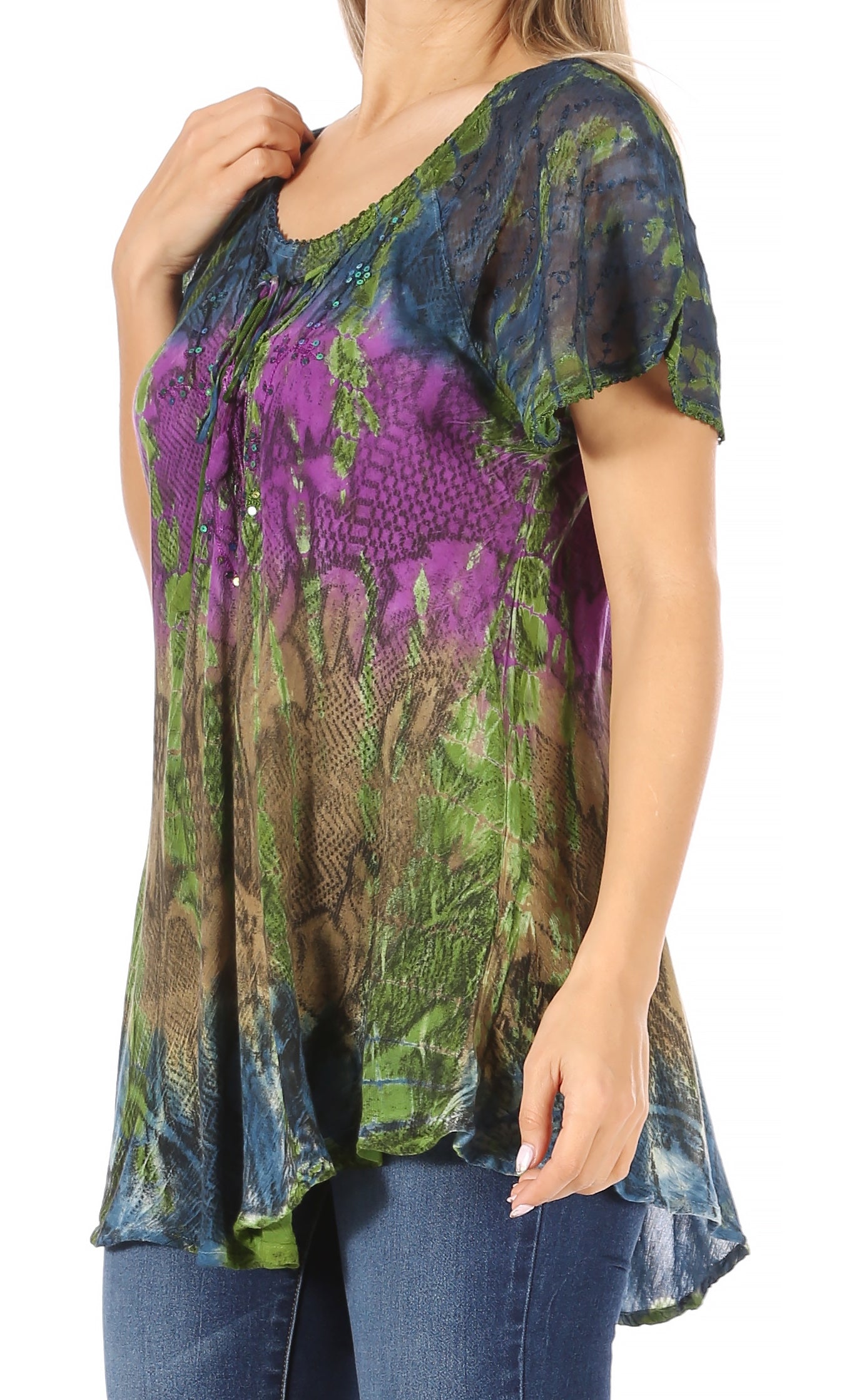 Sakkas Dina Relaxed Fit Sequin Tie Dye Embroidery Cap Sleeves Blouse / Top - Concordia Style Boutique