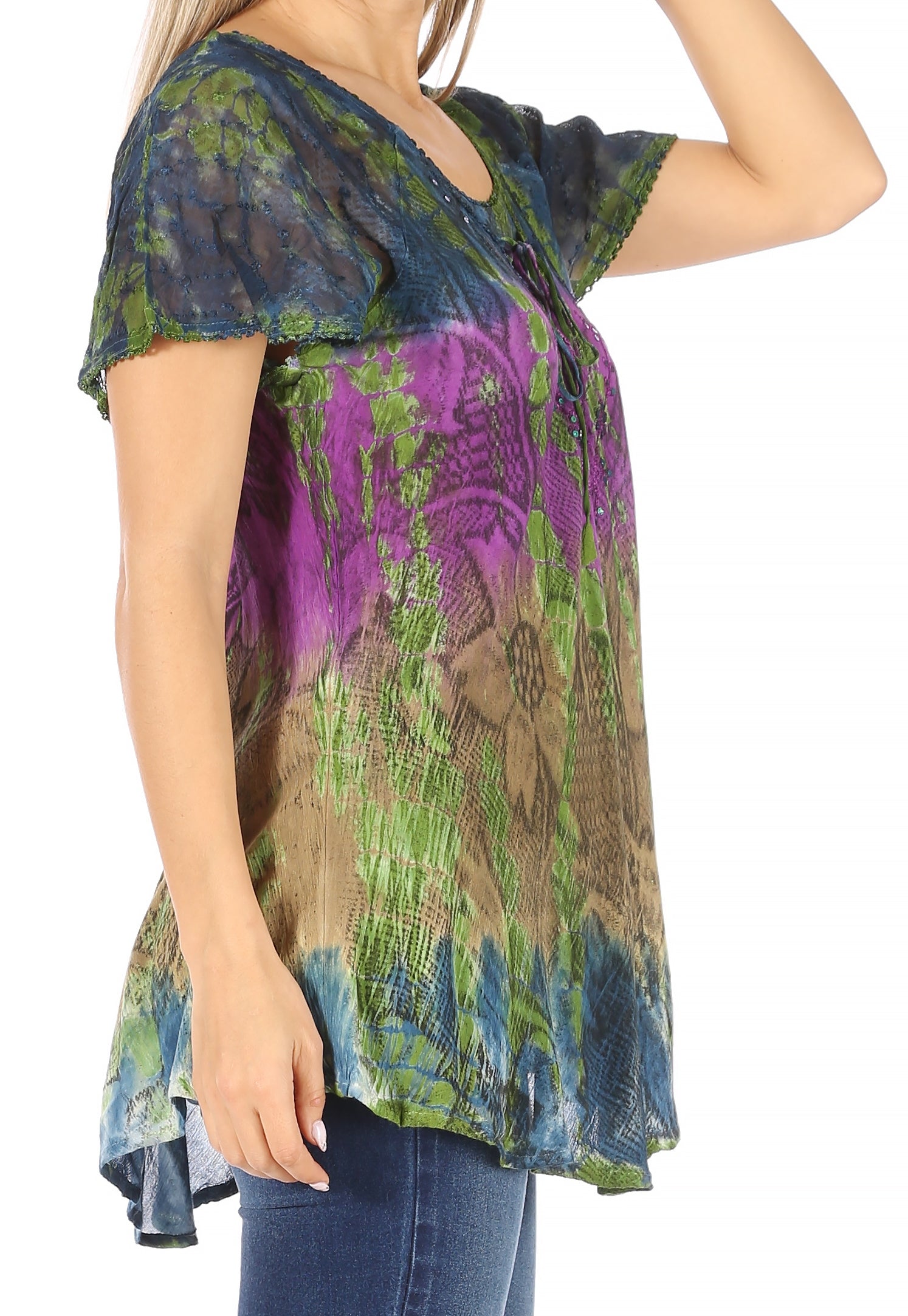 Sakkas Dina Relaxed Fit Sequin Tie Dye Embroidery Cap Sleeves Blouse / Top - Concordia Style Boutique