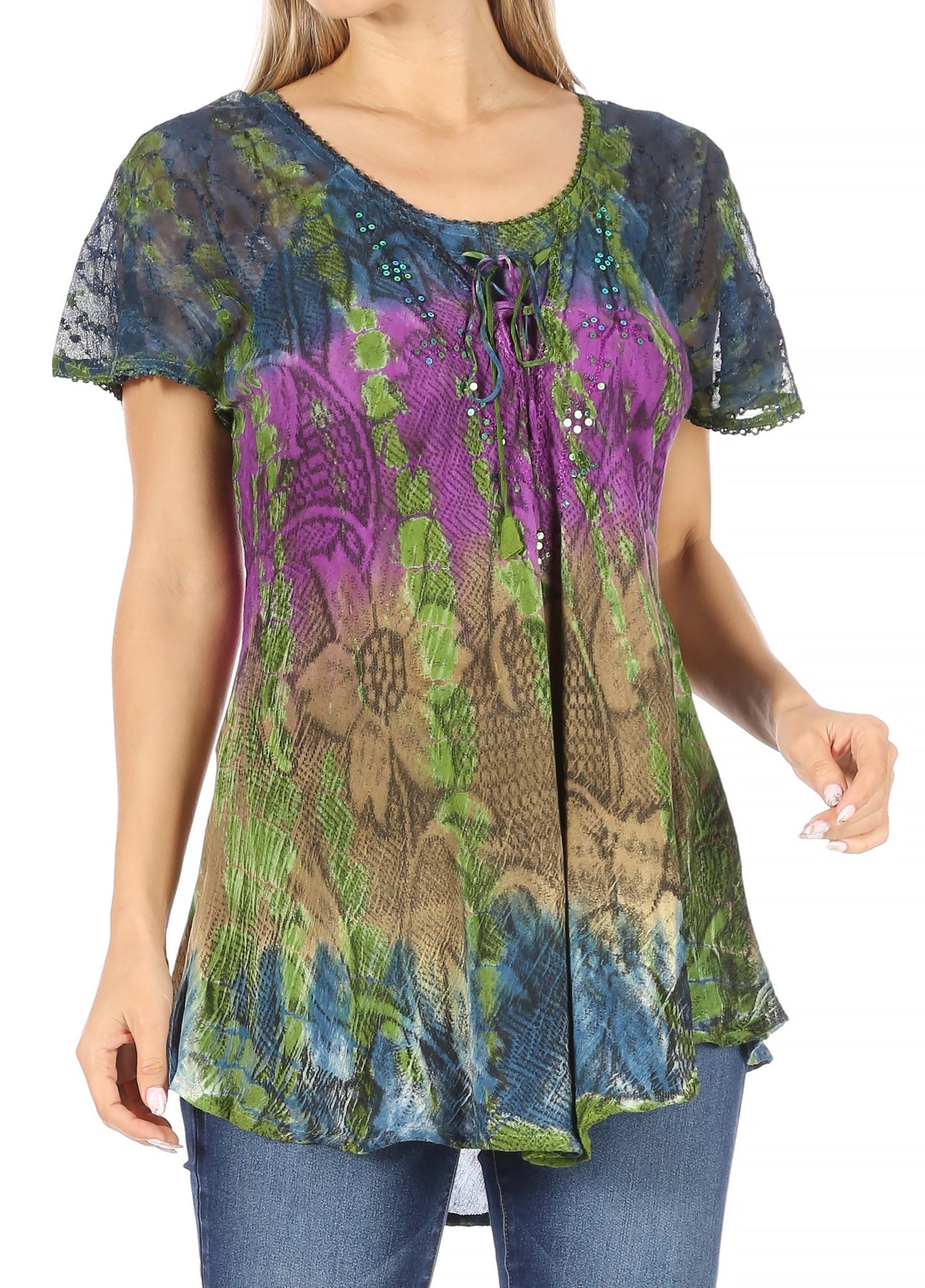 Sakkas Dina Relaxed Fit Sequin Tie Dye Embroidery Cap Sleeves Blouse / Top - Concordia Style Boutique