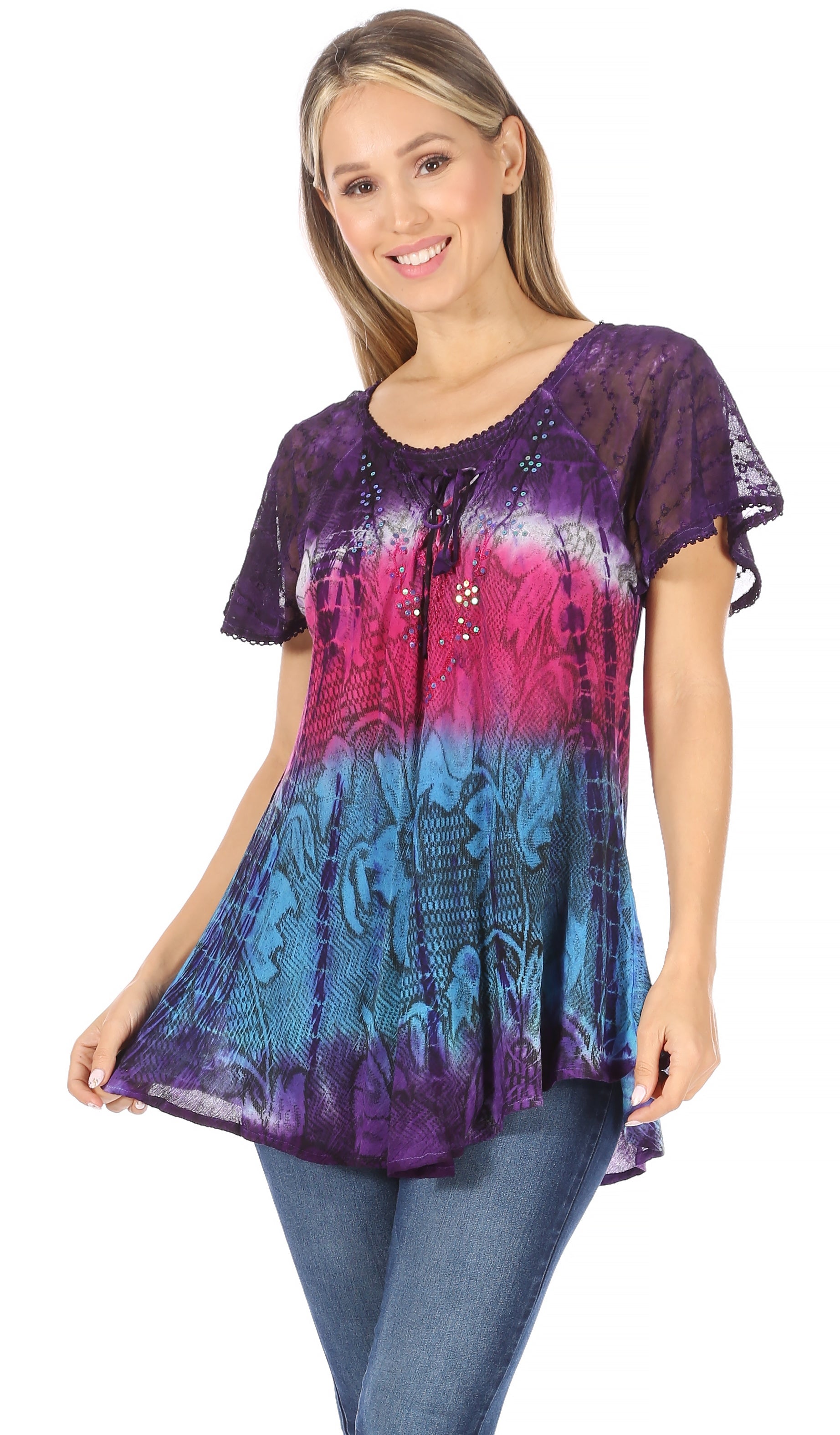 Sakkas Dina Relaxed Fit Sequin Tie Dye Embroidery Cap Sleeves Blouse / Top - Concordia Style Boutique