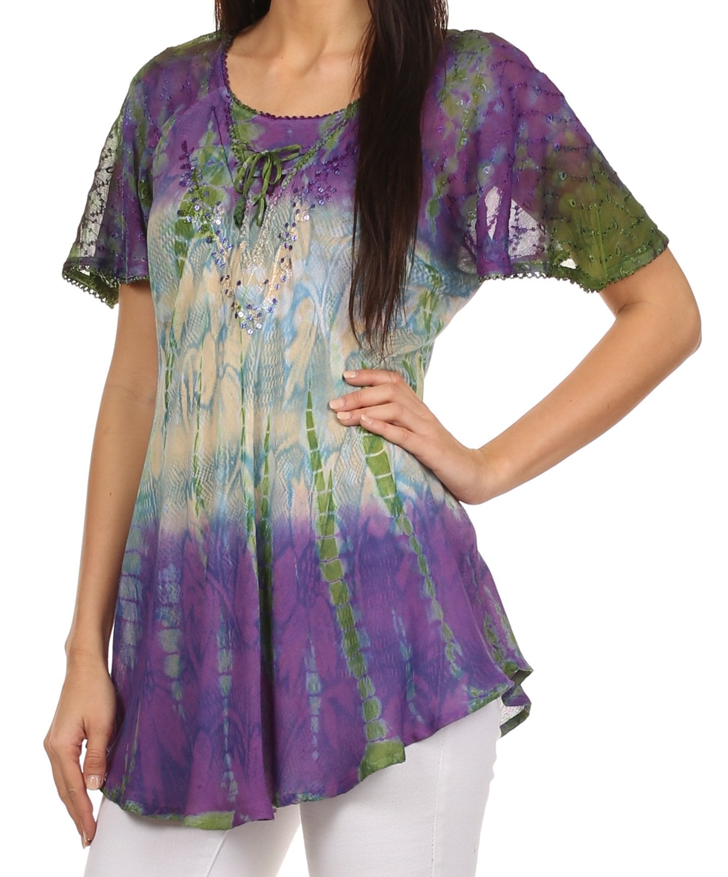 Sakkas Dina Relaxed Fit Sequin Tie Dye Embroidery Cap Sleeves Blouse / Top - Concordia Style Boutique