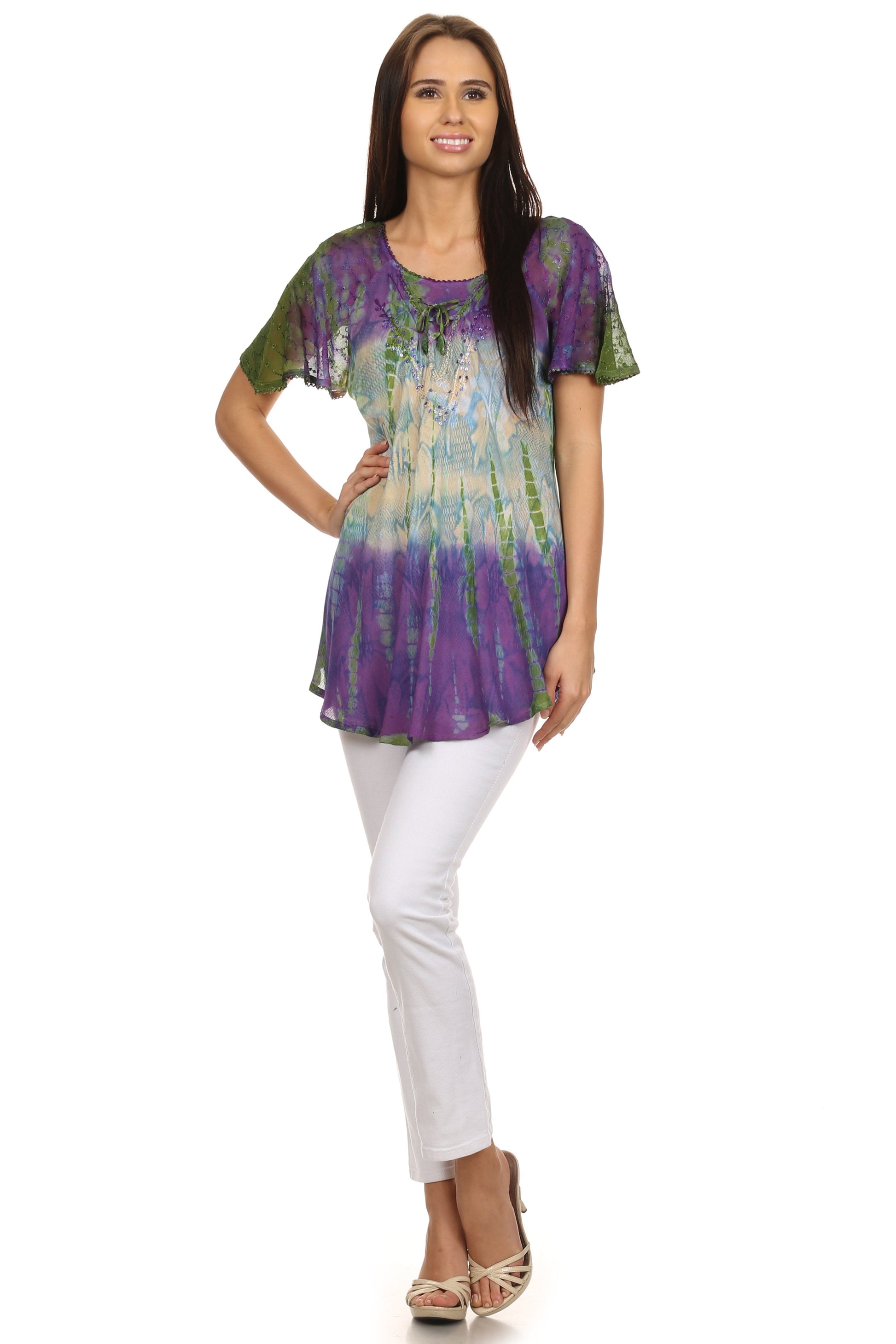 Sakkas Dina Relaxed Fit Sequin Tie Dye Embroidery Cap Sleeves Blouse / Top - Concordia Style Boutique
