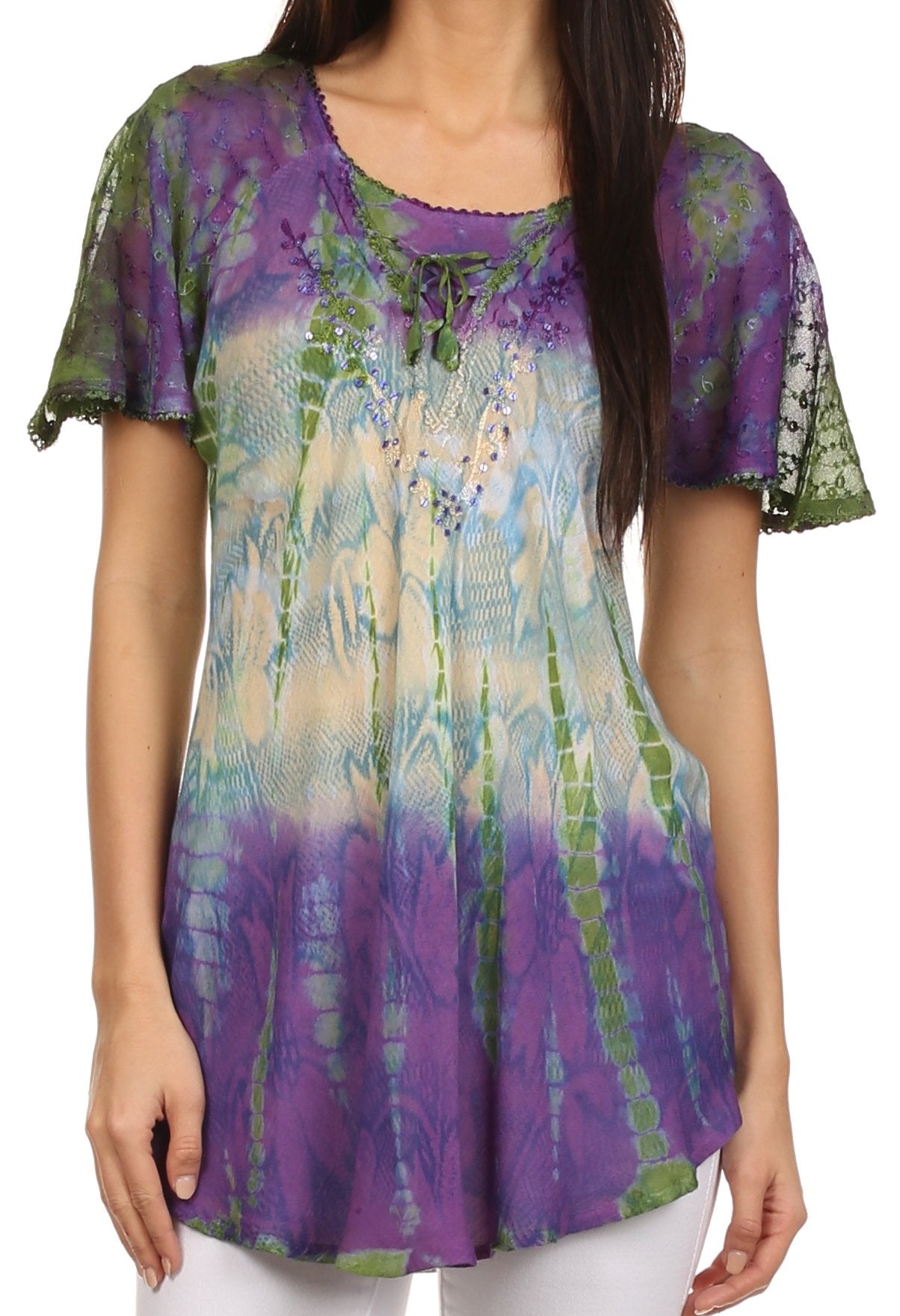 Sakkas Dina Relaxed Fit Sequin Tie Dye Embroidery Cap Sleeves Blouse / Top - Concordia Style Boutique