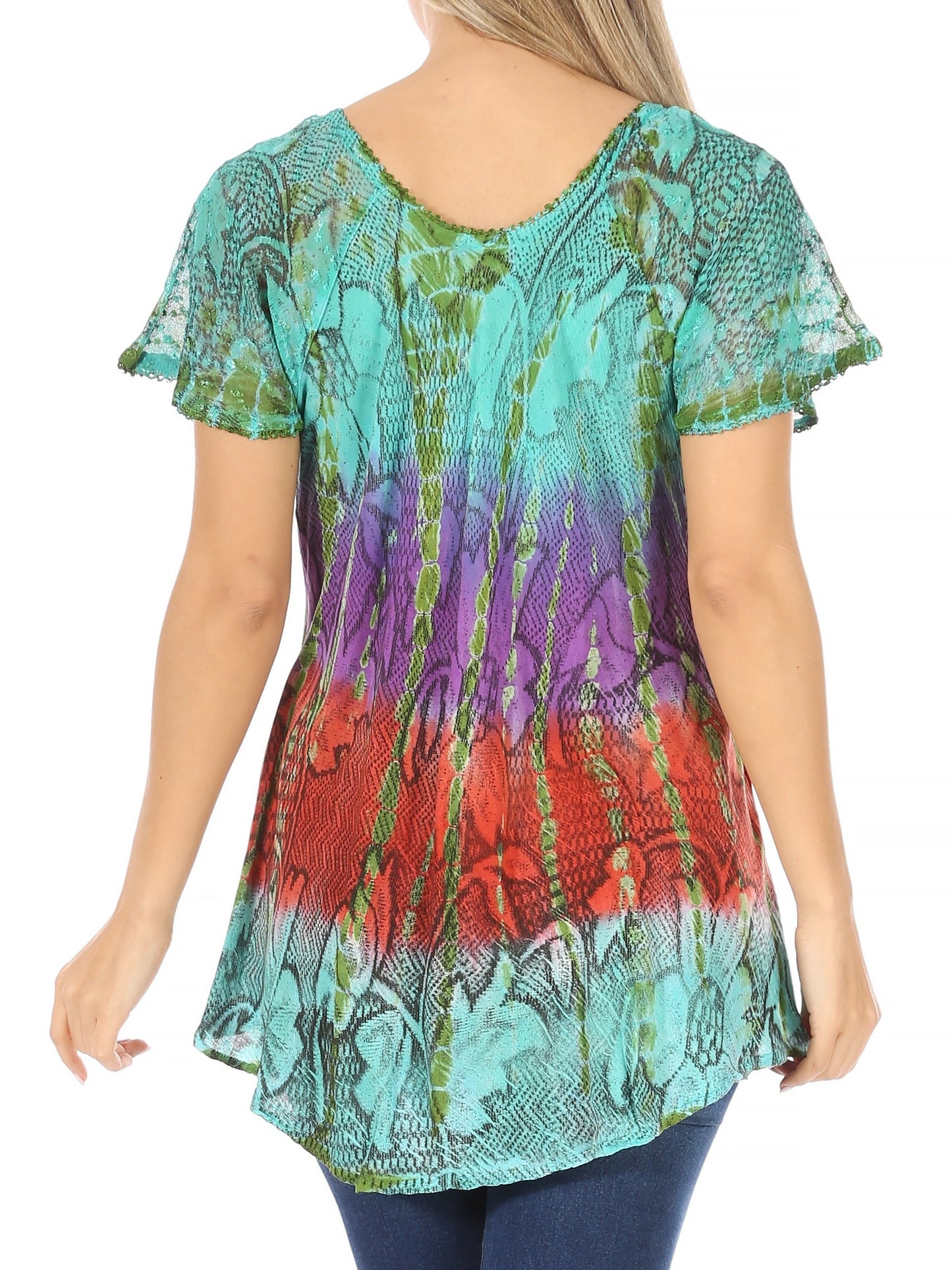 Sakkas Dina Relaxed Fit Sequin Tie Dye Embroidery Cap Sleeves Blouse / Top - Concordia Style Boutique