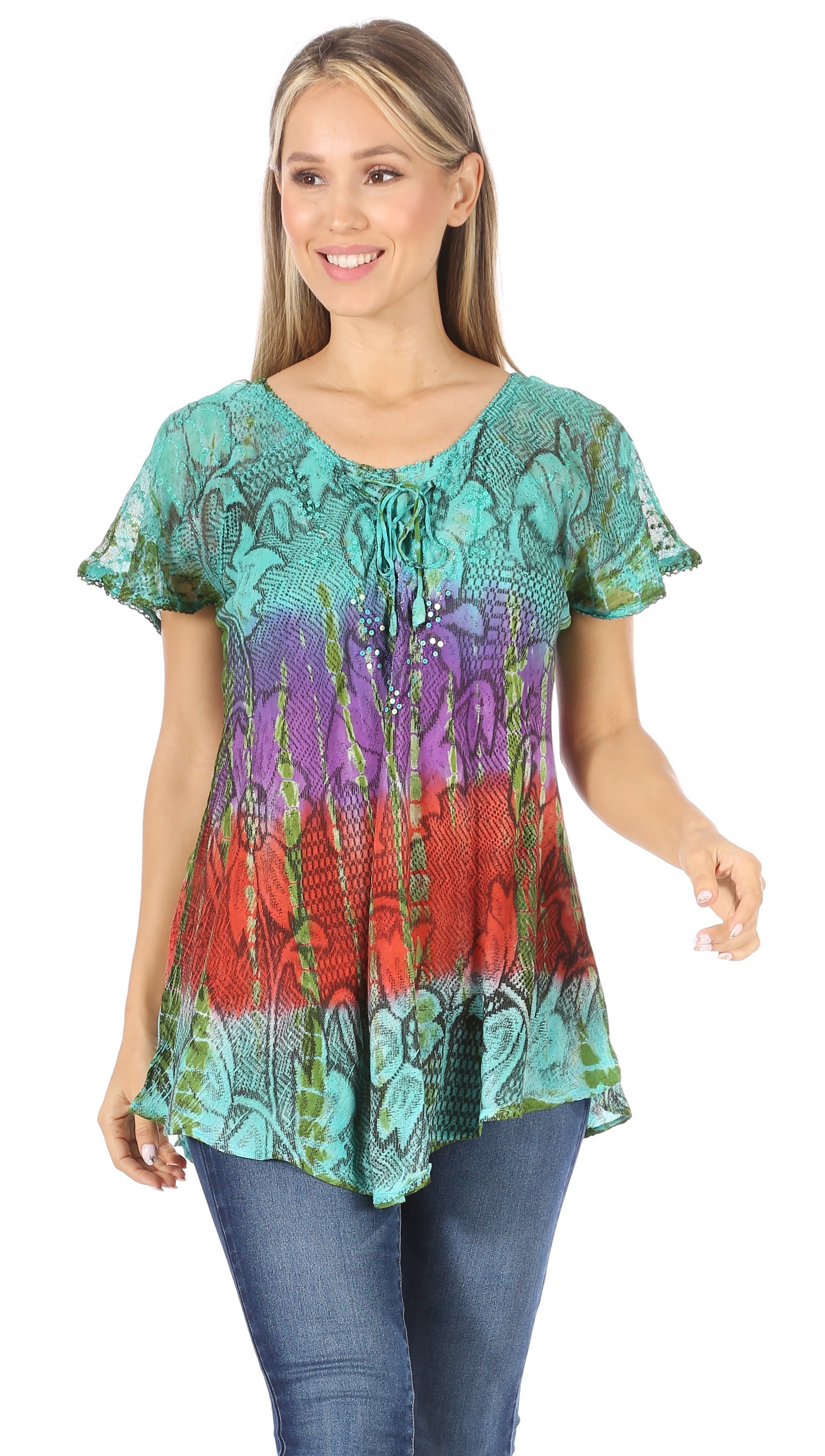 Sakkas Dina Relaxed Fit Sequin Tie Dye Embroidery Cap Sleeves Blouse / Top - Concordia Style Boutique