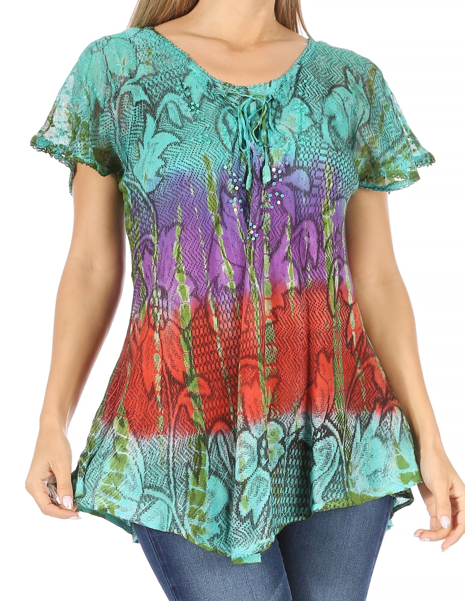 Sakkas Dina Relaxed Fit Sequin Tie Dye Embroidery Cap Sleeves Blouse / Top - Concordia Style Boutique