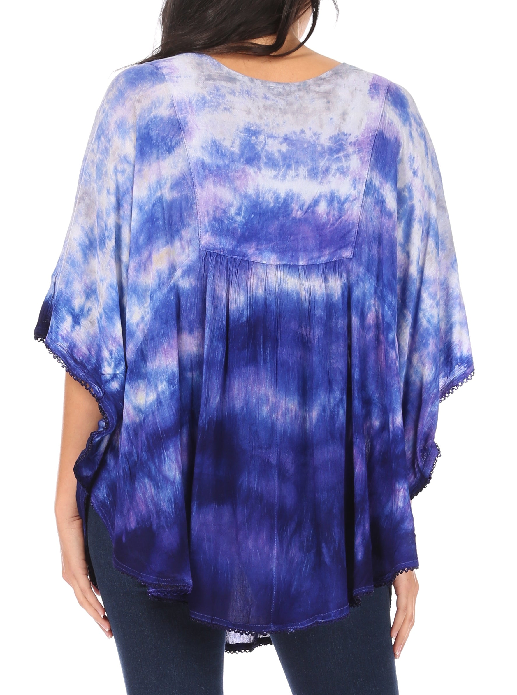 Sakkas Lepha Long Wide Multi Colored Tie Dye Sequin Embroidered Poncho Top Blouse - Concordia Style Boutique