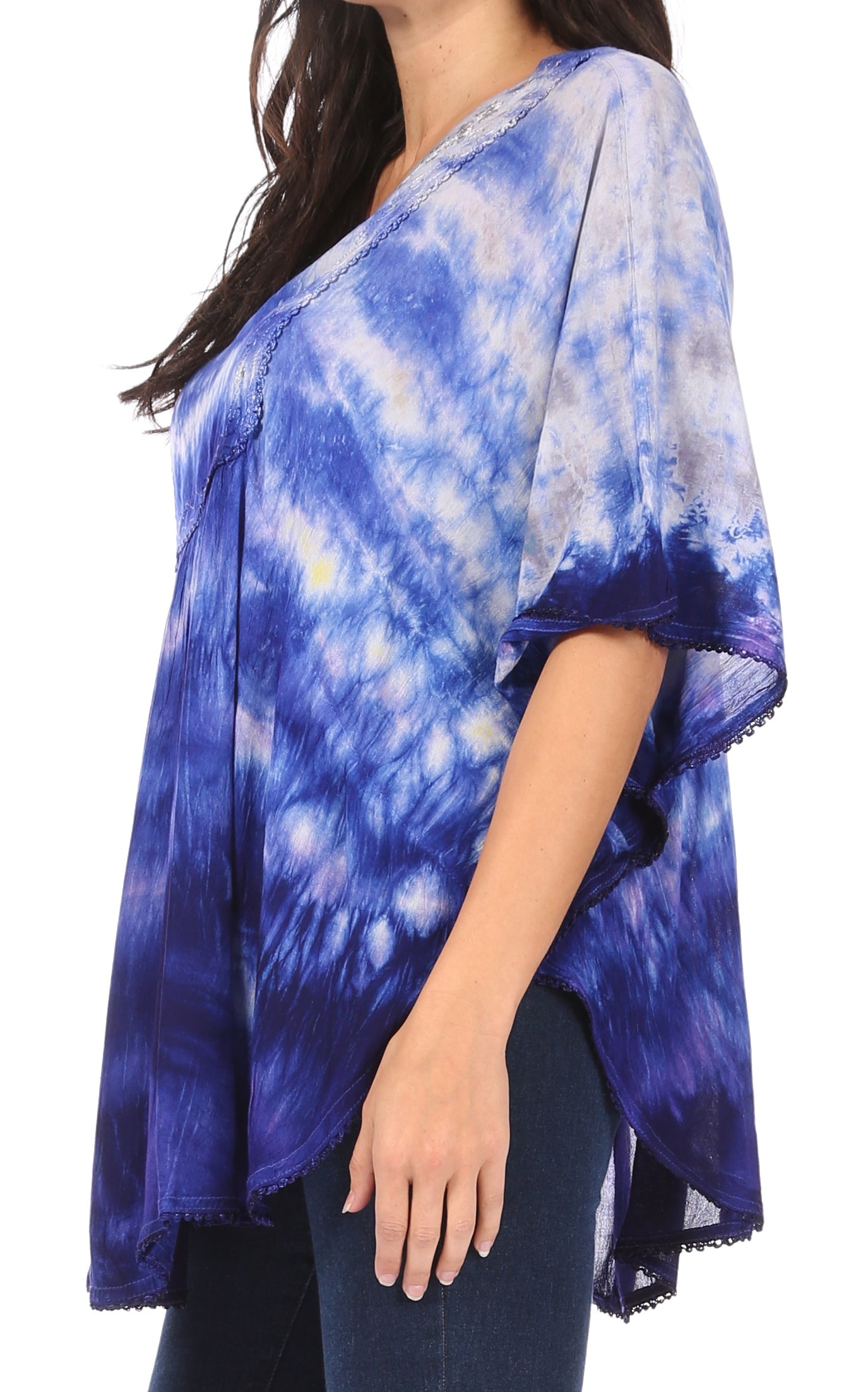 Sakkas Lepha Long Wide Multi Colored Tie Dye Sequin Embroidered Poncho Top Blouse - Concordia Style Boutique