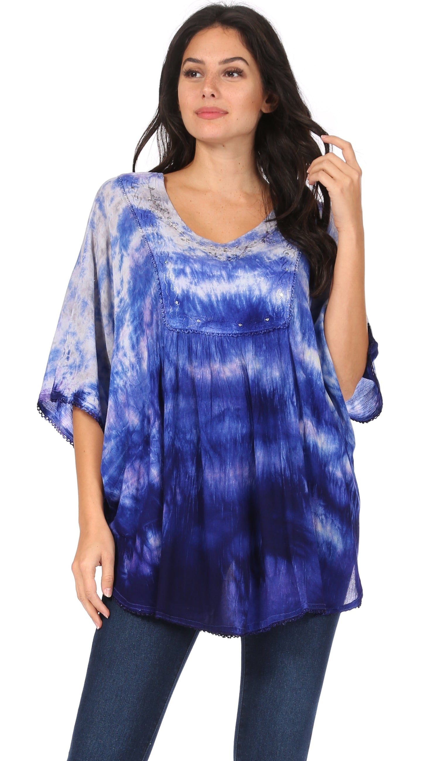 Sakkas Lepha Long Wide Multi Colored Tie Dye Sequin Embroidered Poncho Top Blouse - Concordia Style Boutique