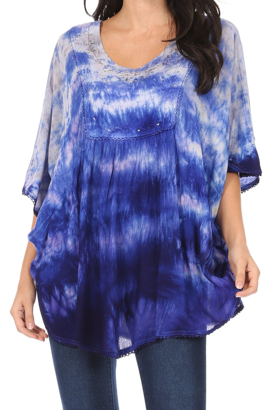 Sakkas Lepha Long Wide Multi Colored Tie Dye Sequin Embroidered Poncho Top Blouse - Concordia Style Boutique